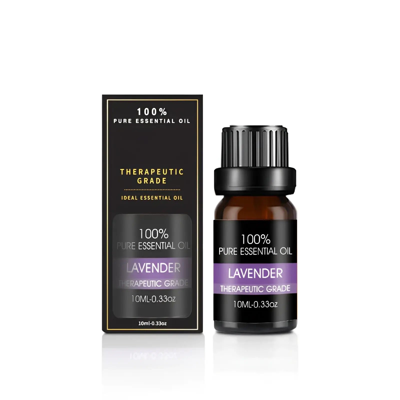 A sleek 10ml amber glass bottle of lavender essential oil with black cap and label beside matching black box gift kit