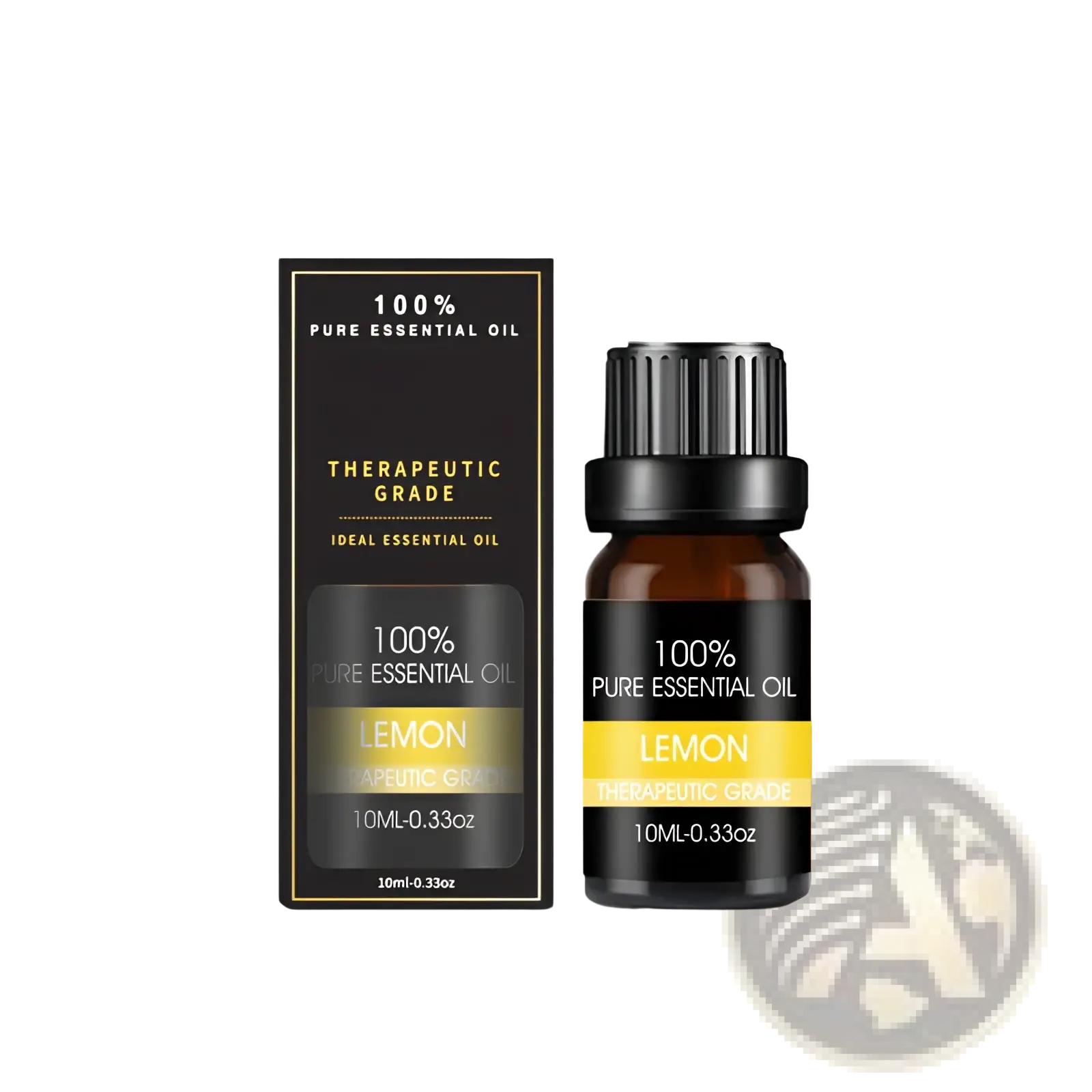 A sleek black bottle with amber glass and ribbed cap labeled 100 percent pure lemon essential oil in an organic aromatherapy set