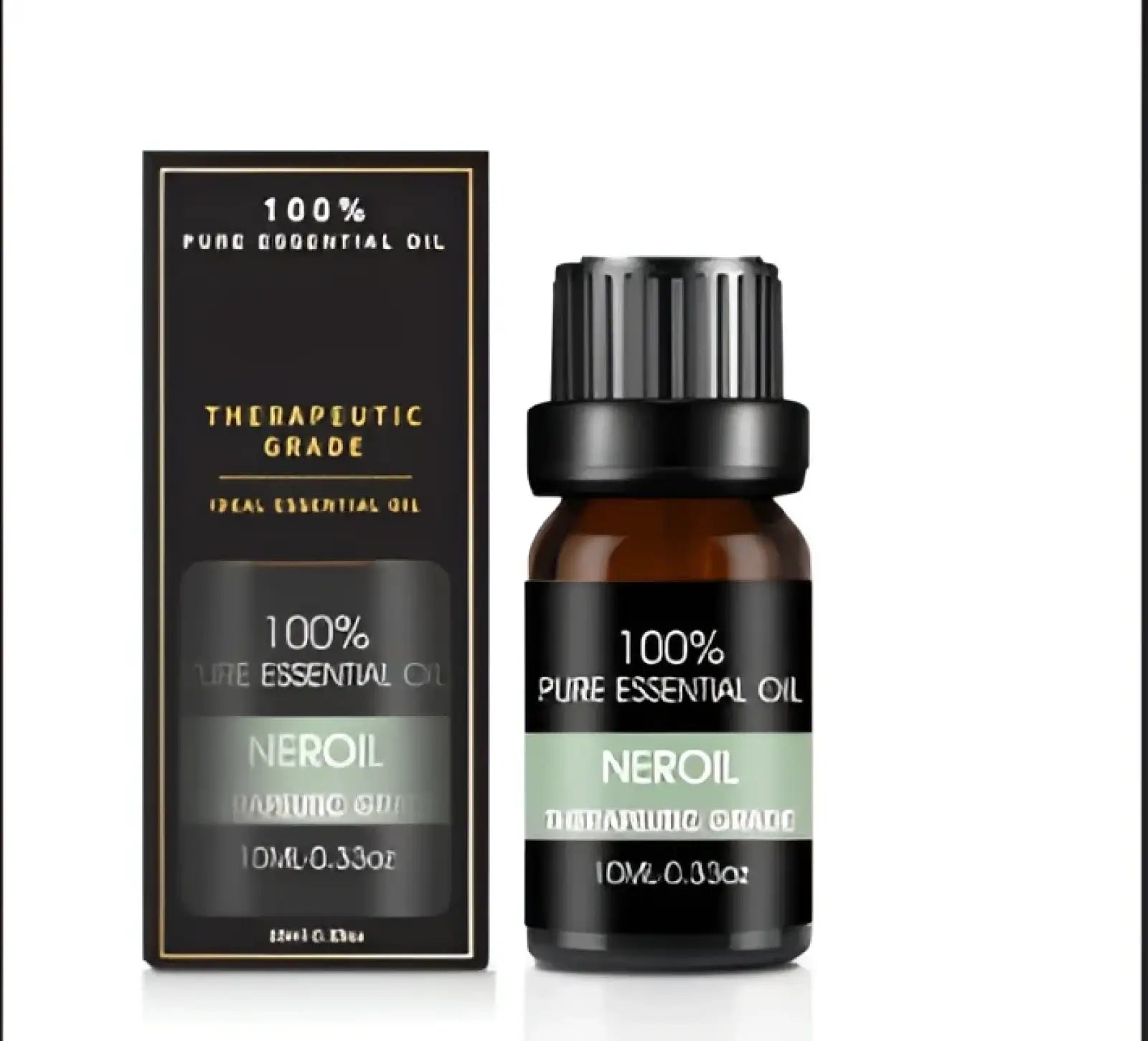 Neroil therapeutic-grade essential oil 10ml amber glass bottle with black cap and matching box in organic aromatherapy kit