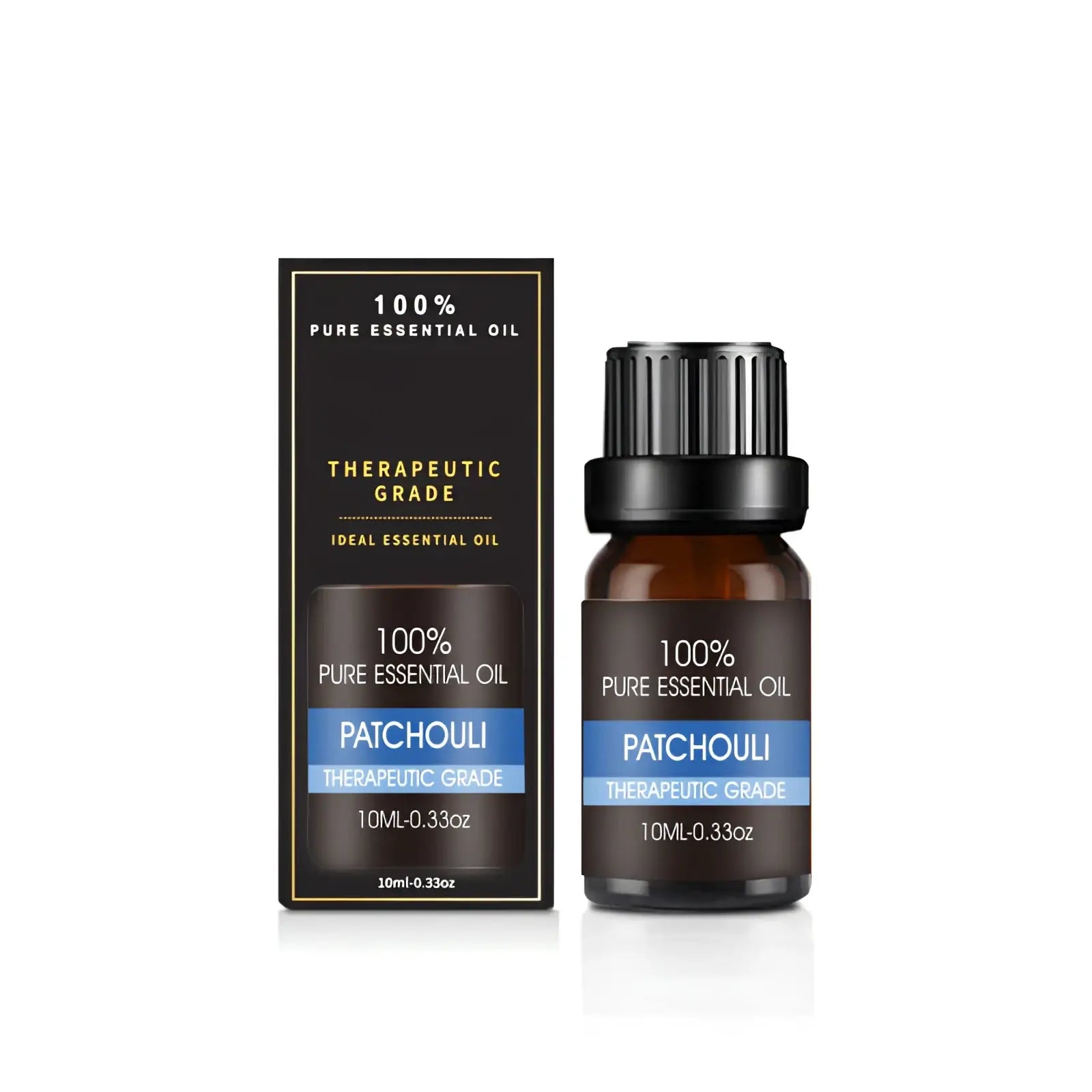 A dark amber glass bottle with a black cap containing 100 percent pure patchouli essential oil from an organic 10ml aromatherapy set