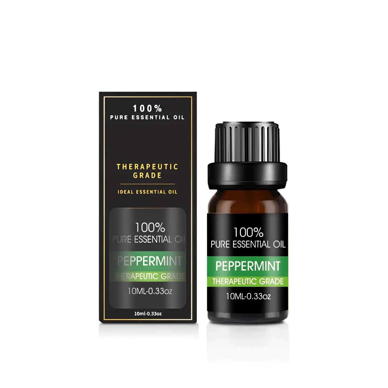 A sleek black 10ml bottle with ribbed cap and green label containing 100 percent pure peppermint essential oil