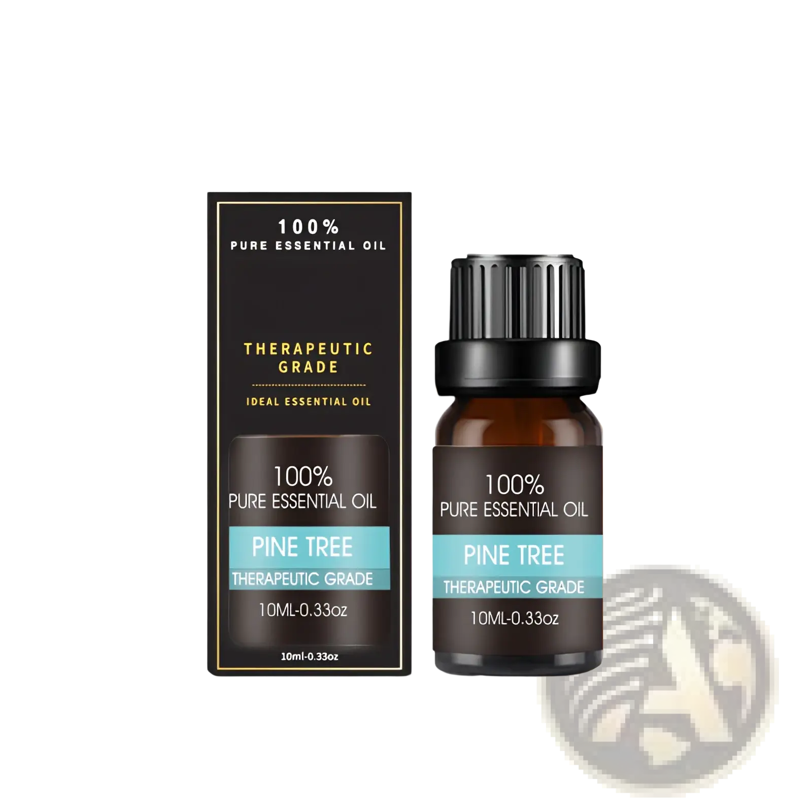 A 10ml amber glass bottle of pine tree essential oil with black cap and label beside sleek black rectangular box
