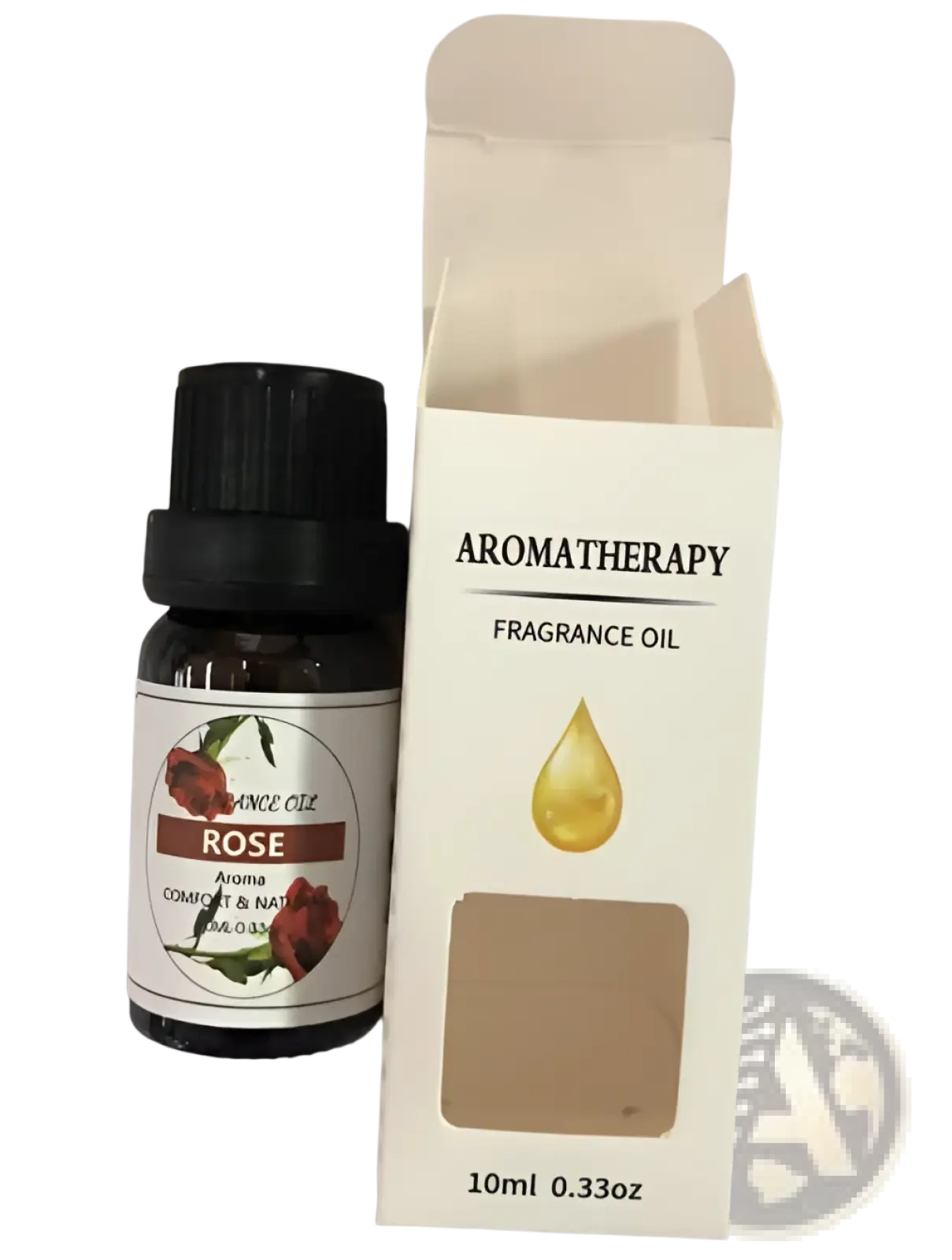 A small amber glass bottle with black cap and white rose label containing rose aroma fragrance oil from organic essential oils set