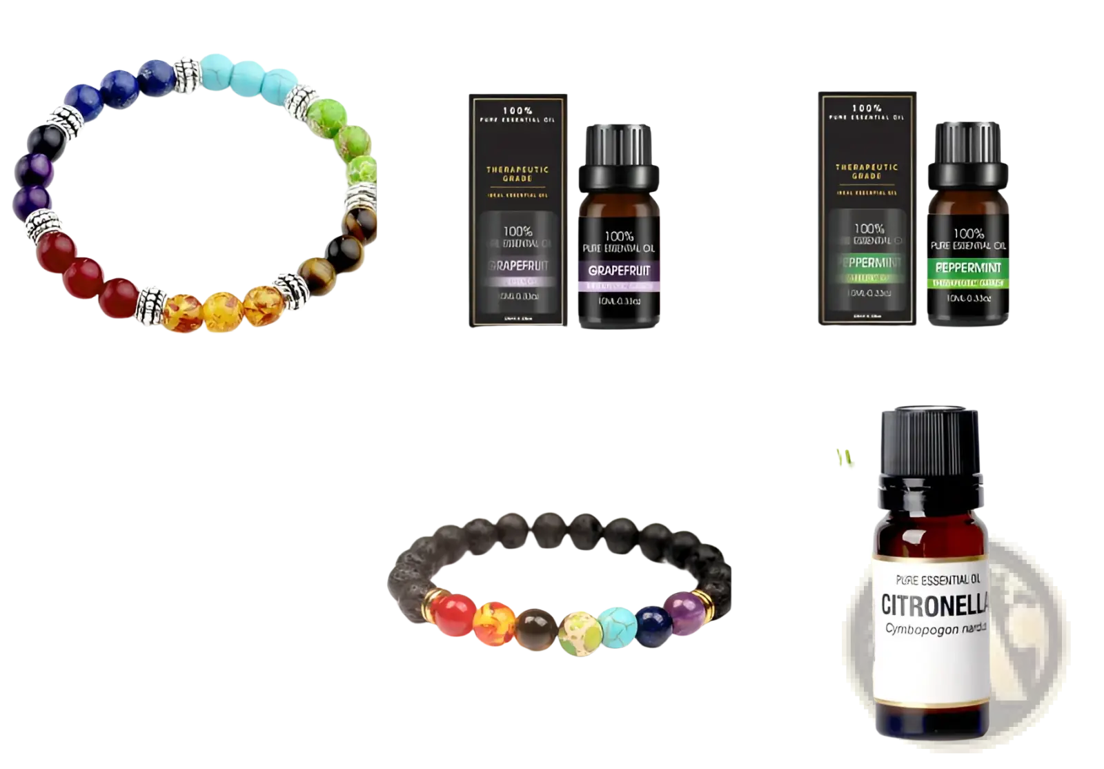 Multicolored gemstone bracelet with silver spacer beads paired with organic essential oils set 10ml aromatherapy gift kit