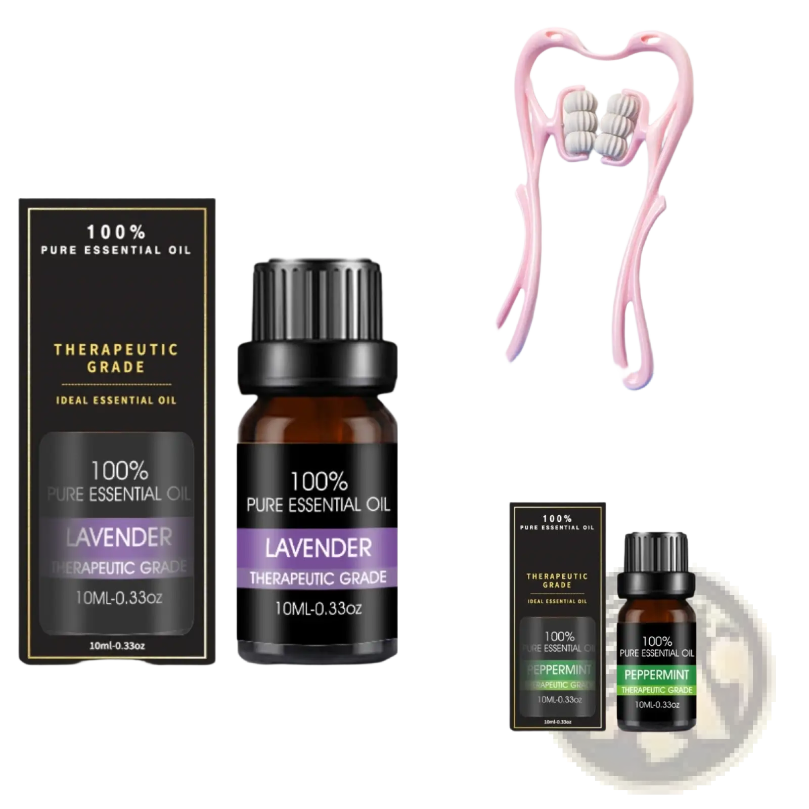 Pink silicone facial massage tool with white textured rollers in organic essential oils set 10ml aromatherapy gift kit
