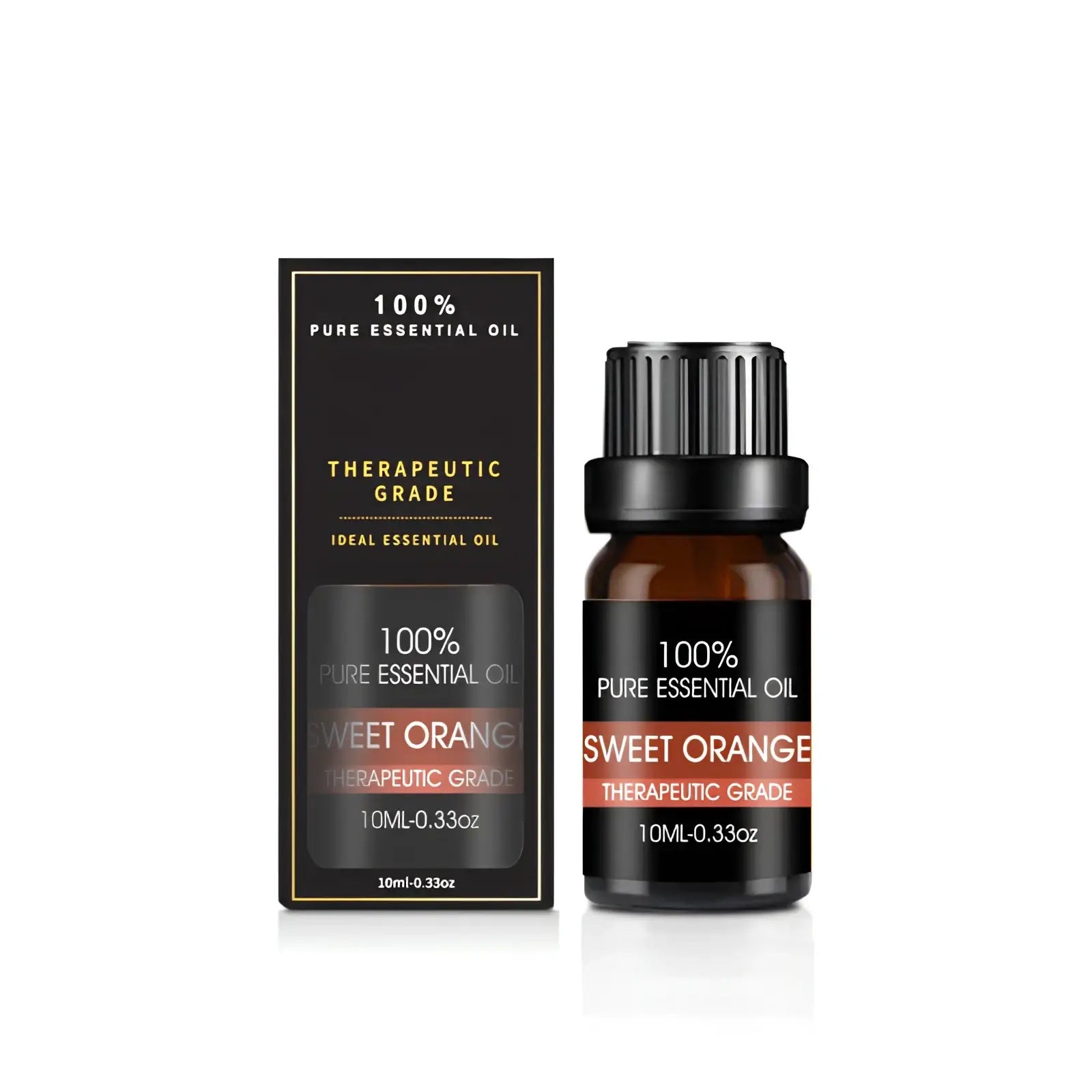 A sleek black 10ml bottle with ribbed cap contains 100 percent pure therapeutic-grade sweet orange essential oil