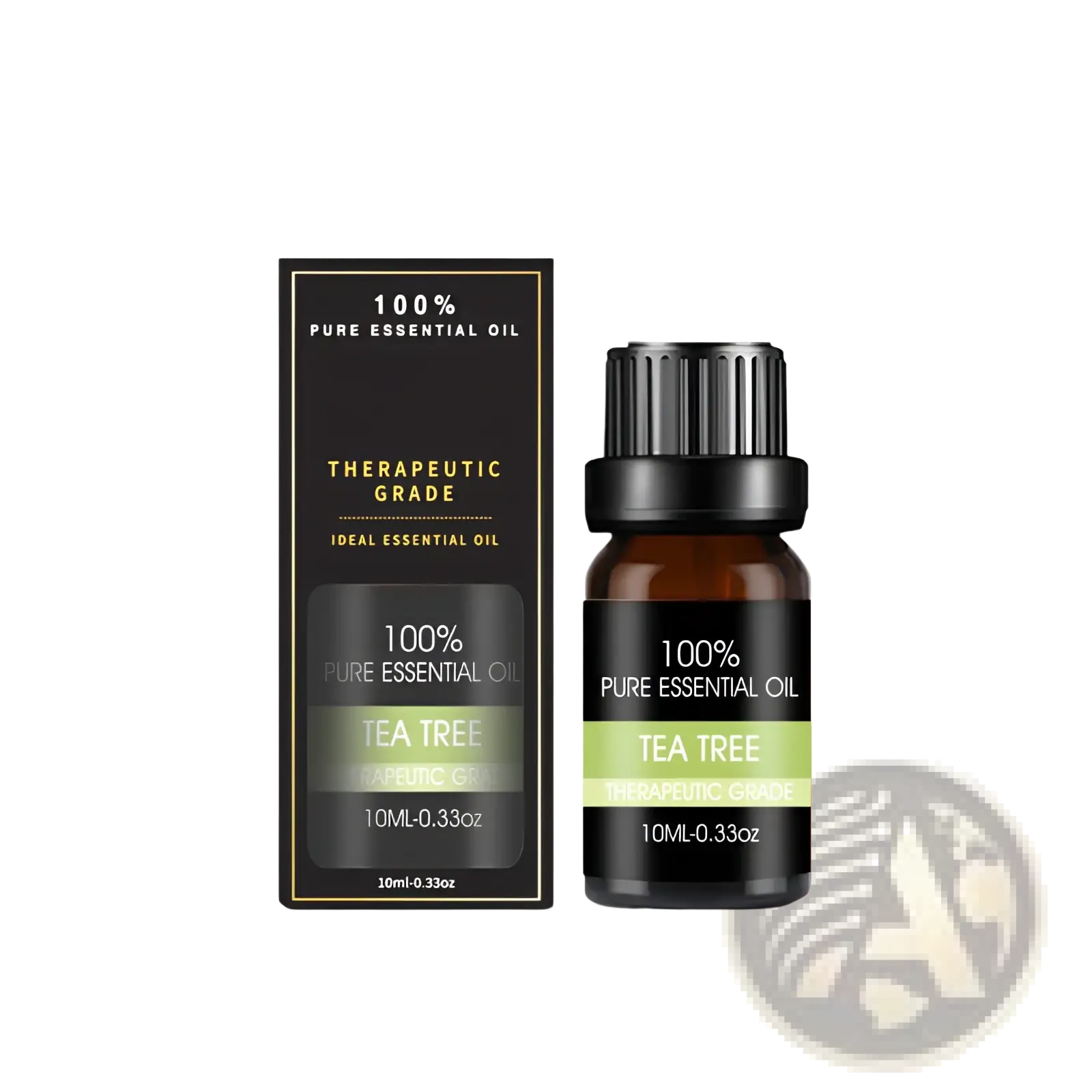 A sleek black 100% pure therapeutic-grade tea tree essential oil in an amber glass bottle from organic essential oils set