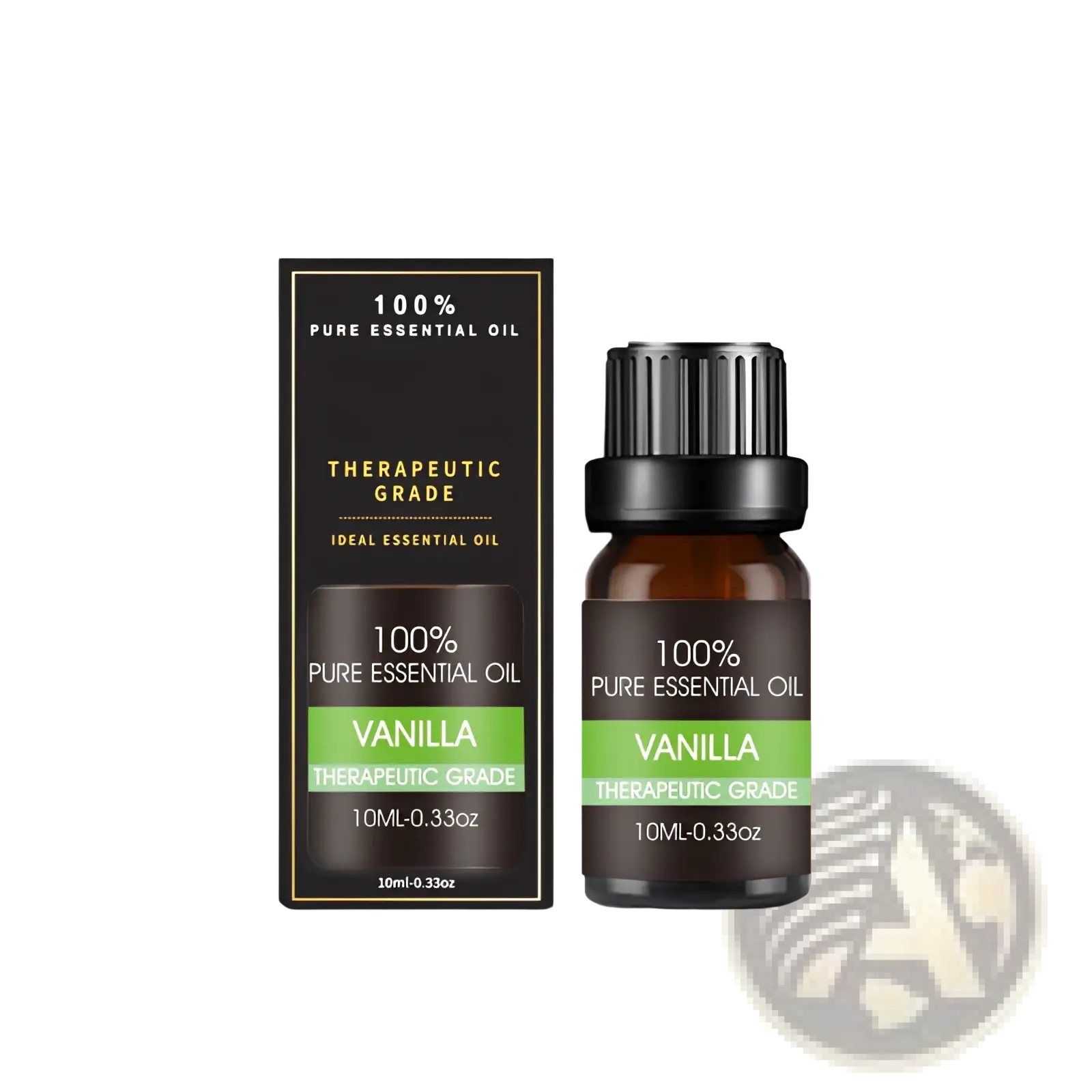 A sleek 10ml amber glass bottle of vanilla essential oil with black ribbed cap and label beside elegant black box organic aromatherapy gift kit