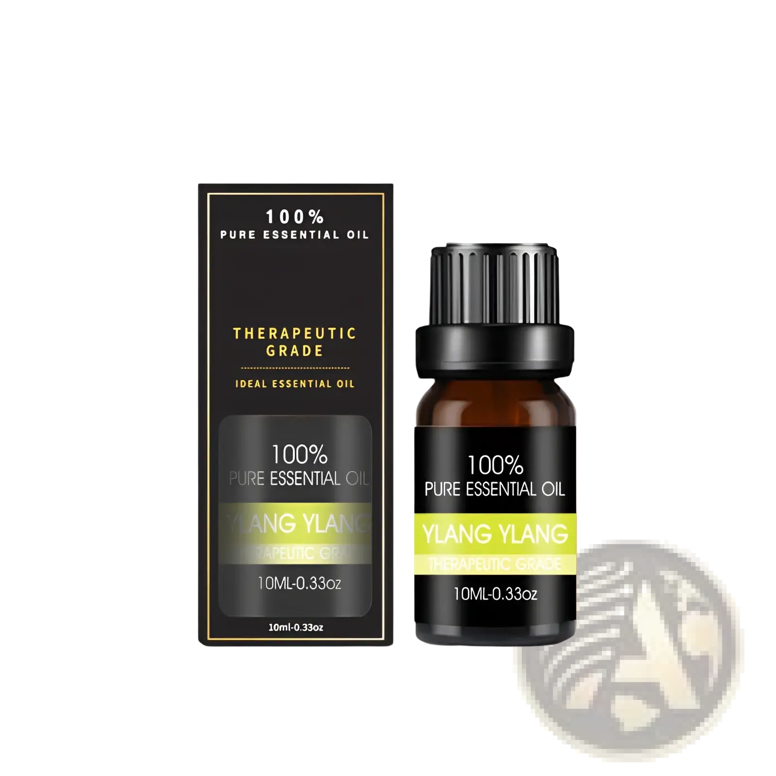 A sleek black glass bottle with ribbed cap and lime green label of 100% pure ylang ylang essential oil 10ml