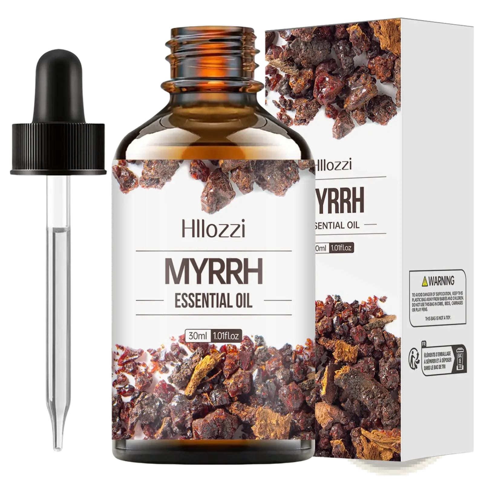 Hillozzi organic myrrh and wintergreen essential oil in 30ml amber glass bottle with black dropper cap