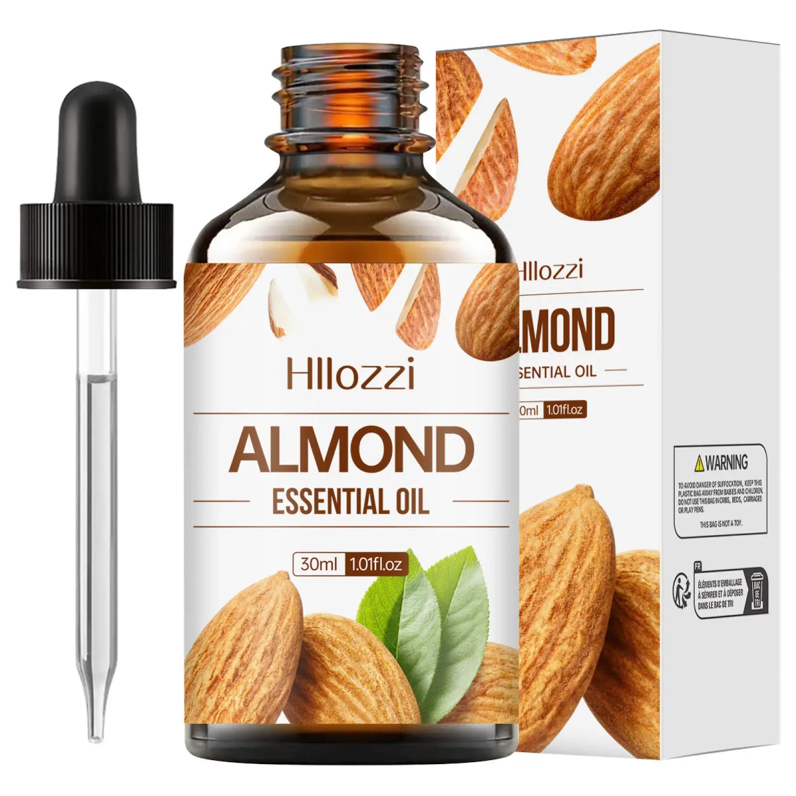 Hillozzi almond essential oil 30ml amber glass bottle with black dropper labeled organic myrrh and wintergreen essential oil