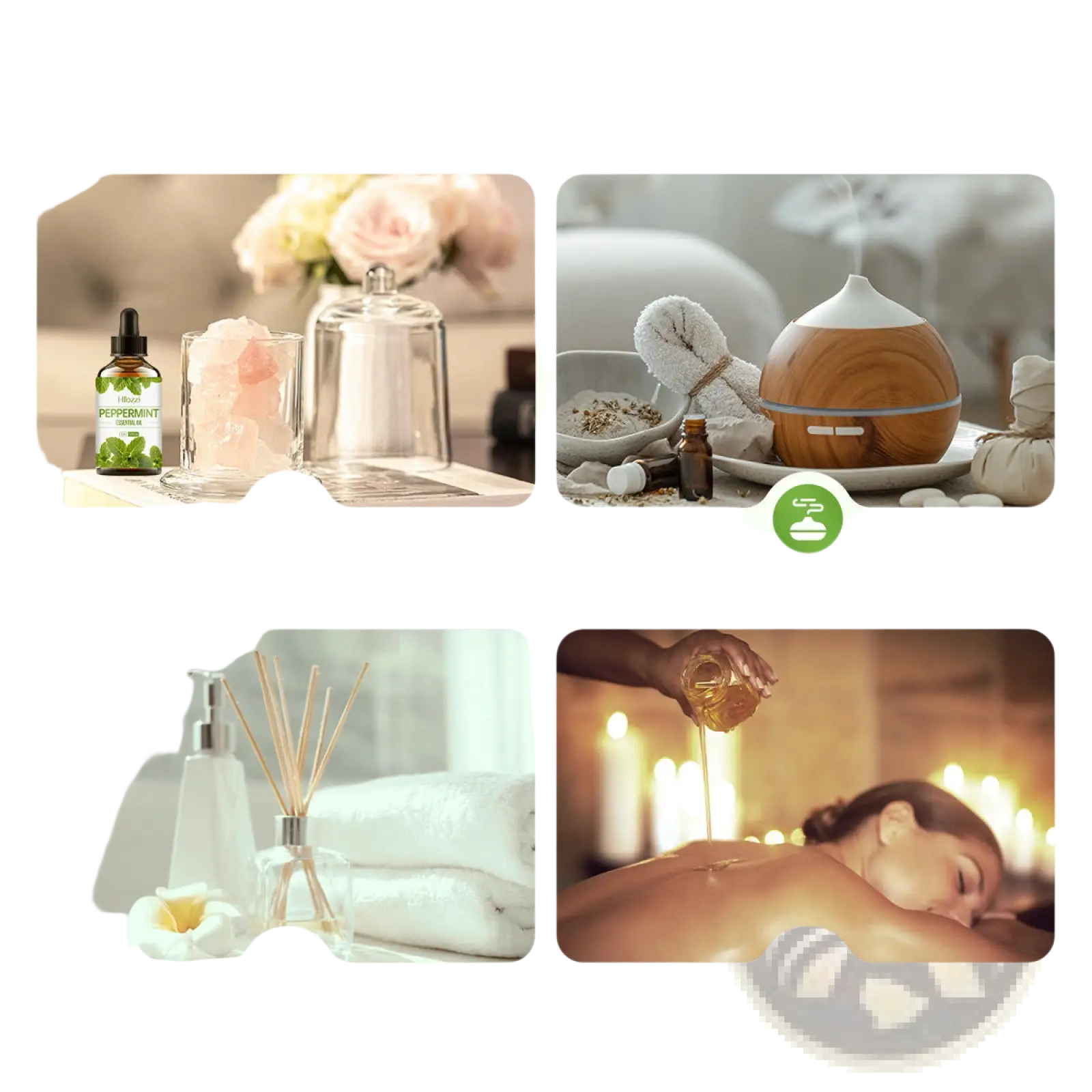 Wooden spherical diffuser with white top and silver accent band for organic myrrh and wintergreen essential oil 30ml