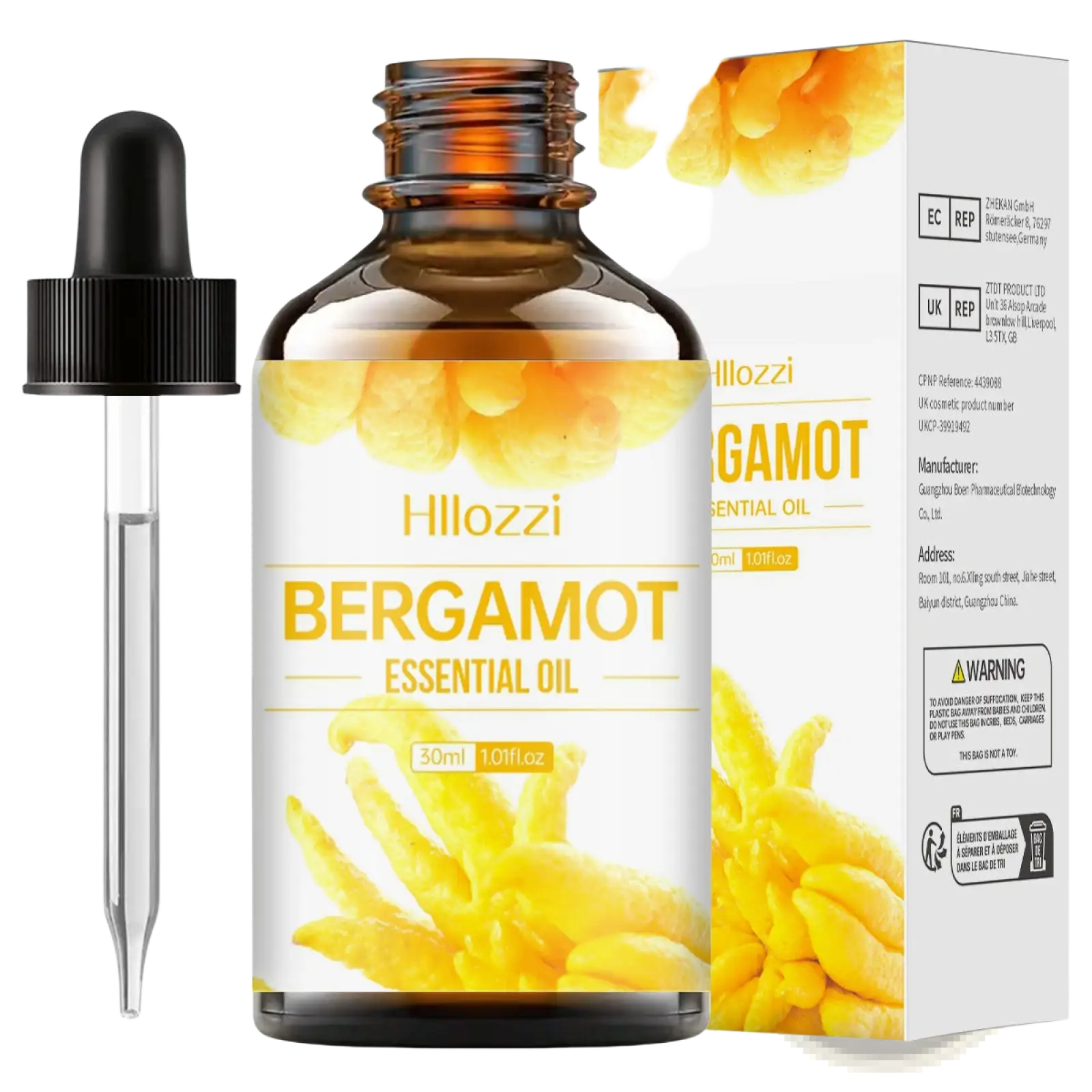 Hillozzi bergamot essential oil in a 30ml amber glass bottle with black dropper labeled organic myrrh and wintergreen essential oil