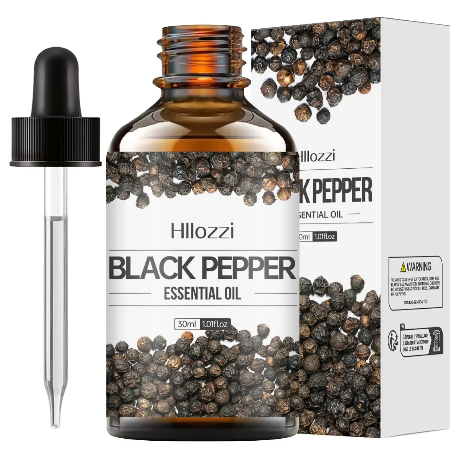 Hillozzi black pepper essential oil 30ml amber glass bottle with black dropper in organic myrrh and wintergreen set
