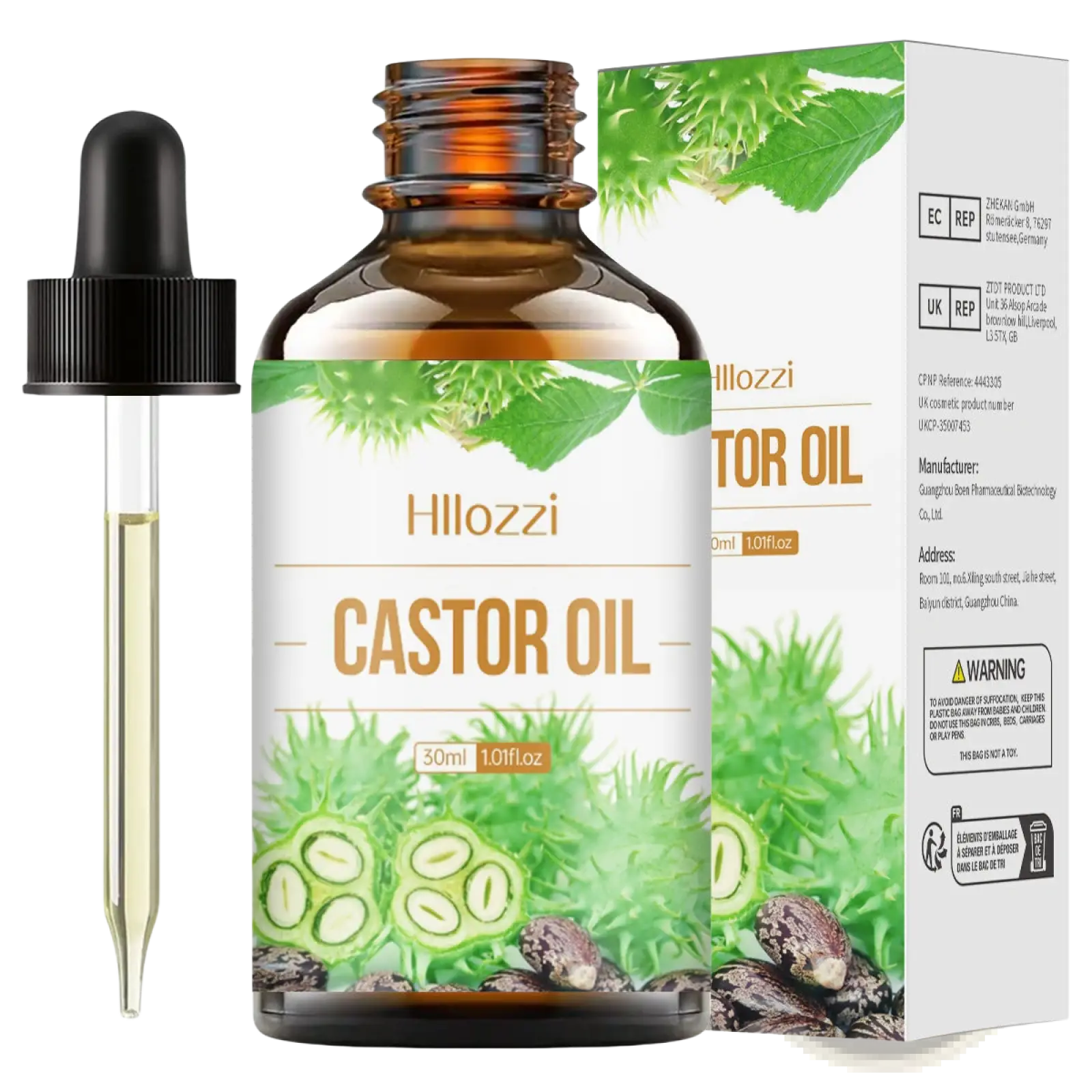 Hillozzi organic myrrh and wintergreen essential oil 30ml in amber glass bottle with black dropper and green plant box