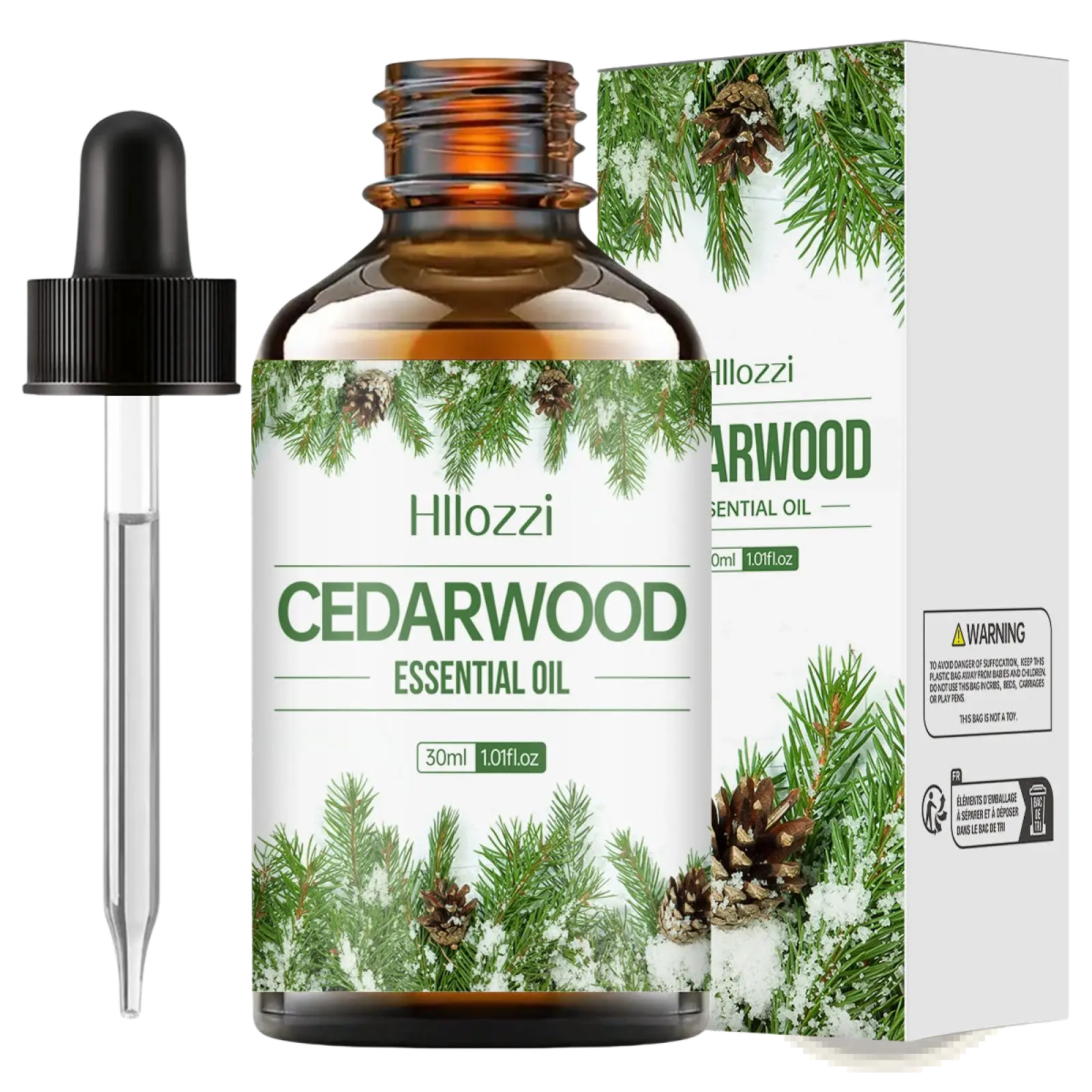 Hillozzi organic myrrh and wintergreen essential oil 30ml amber glass bottle with black dropper and pine branch winter box