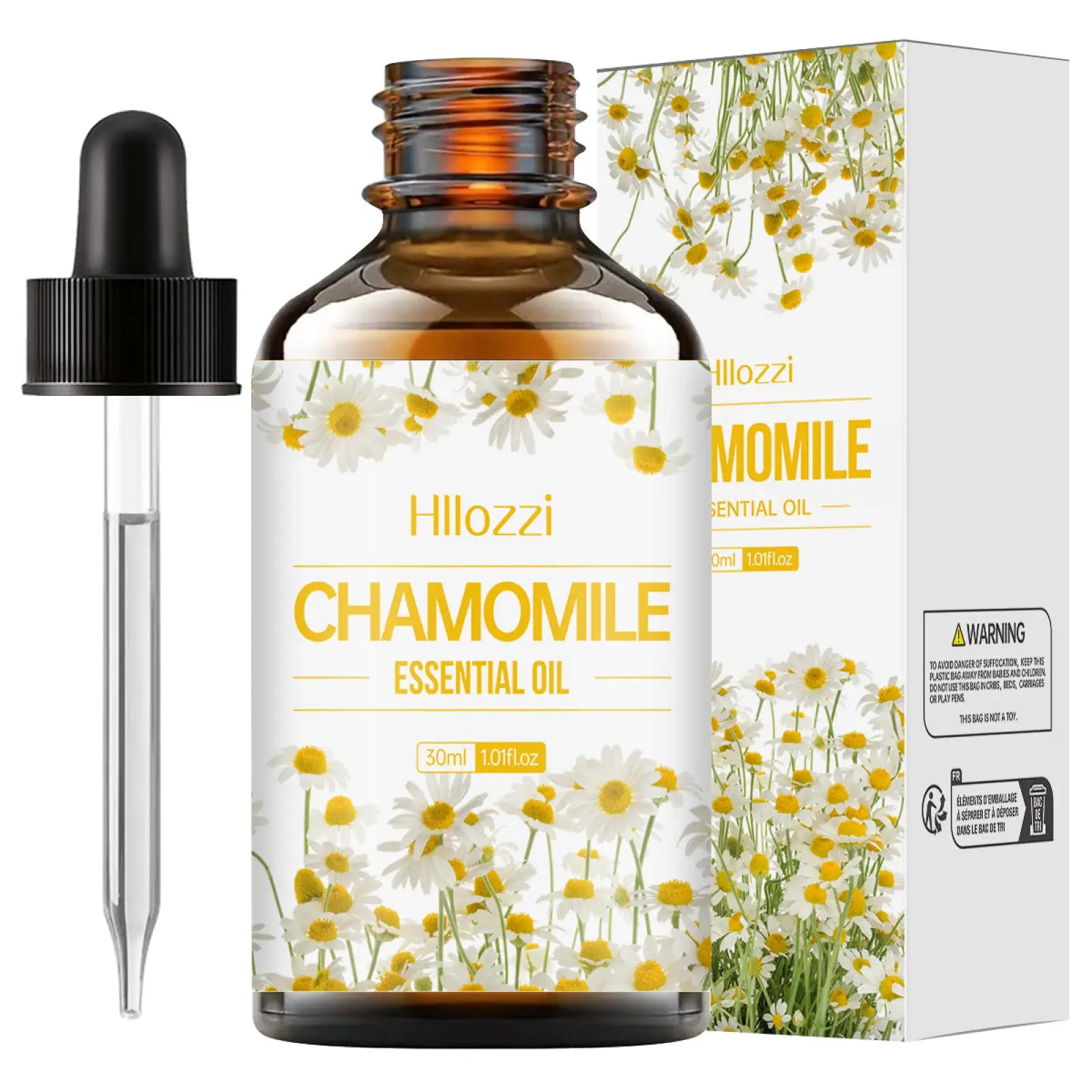 Hillozzi chamomile essential oil in a 30ml amber glass bottle with black dropper for organic myrrh and wintergreen use