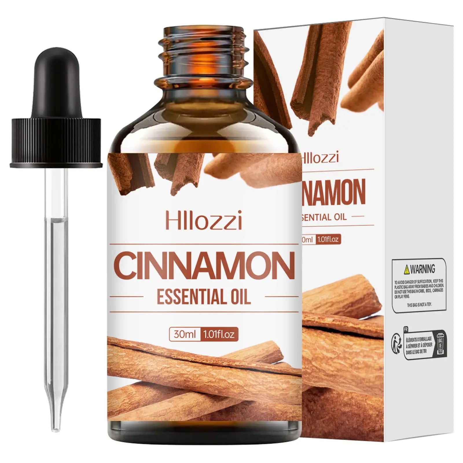 Hillozzi cinnamon essential oil 30ml amber glass bottle with black dropper labeled organic myrrh and wintergreen oil