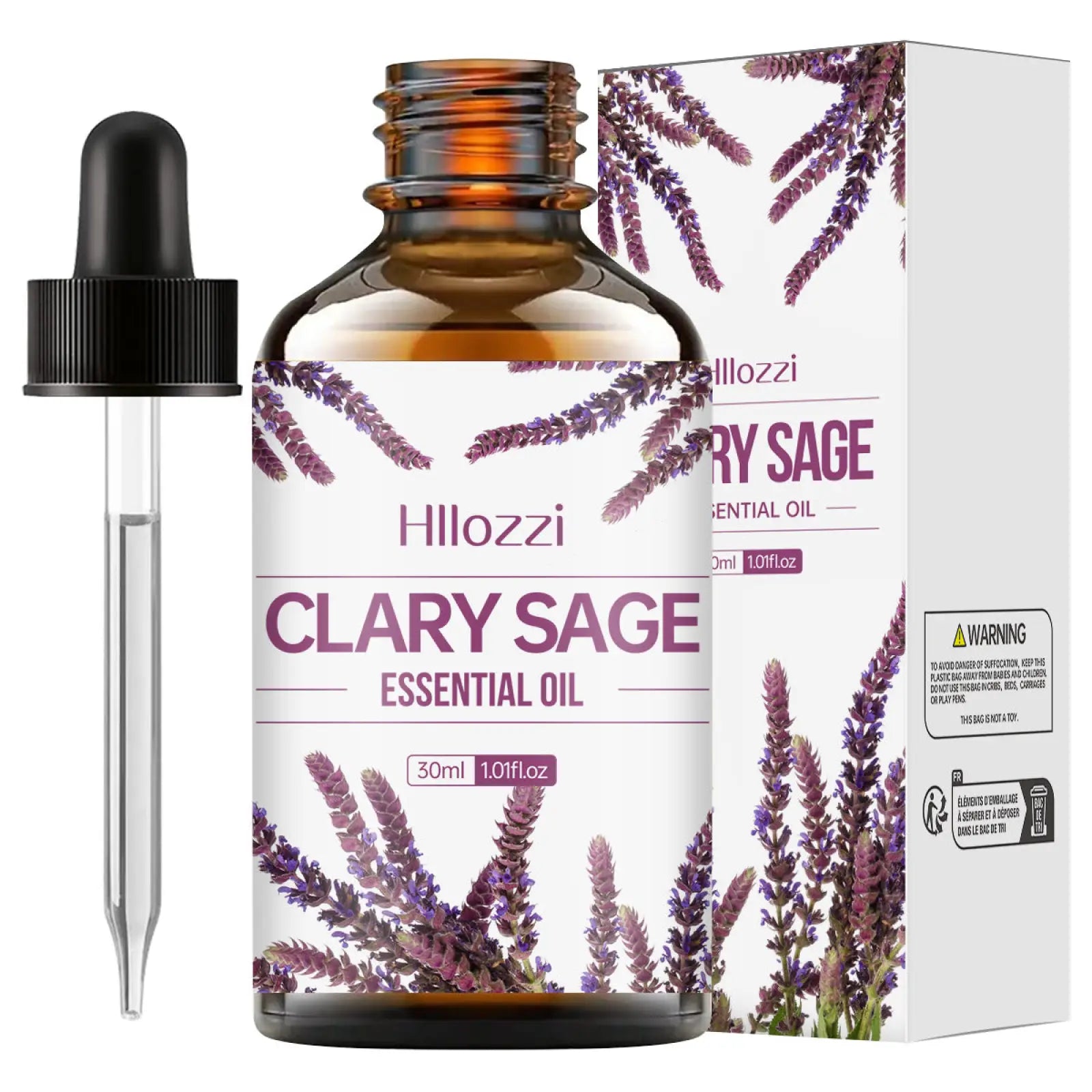 Hillozzi organic myrrh and wintergreen essential oil 30ml in amber glass bottle with black dropper beside purple sage box