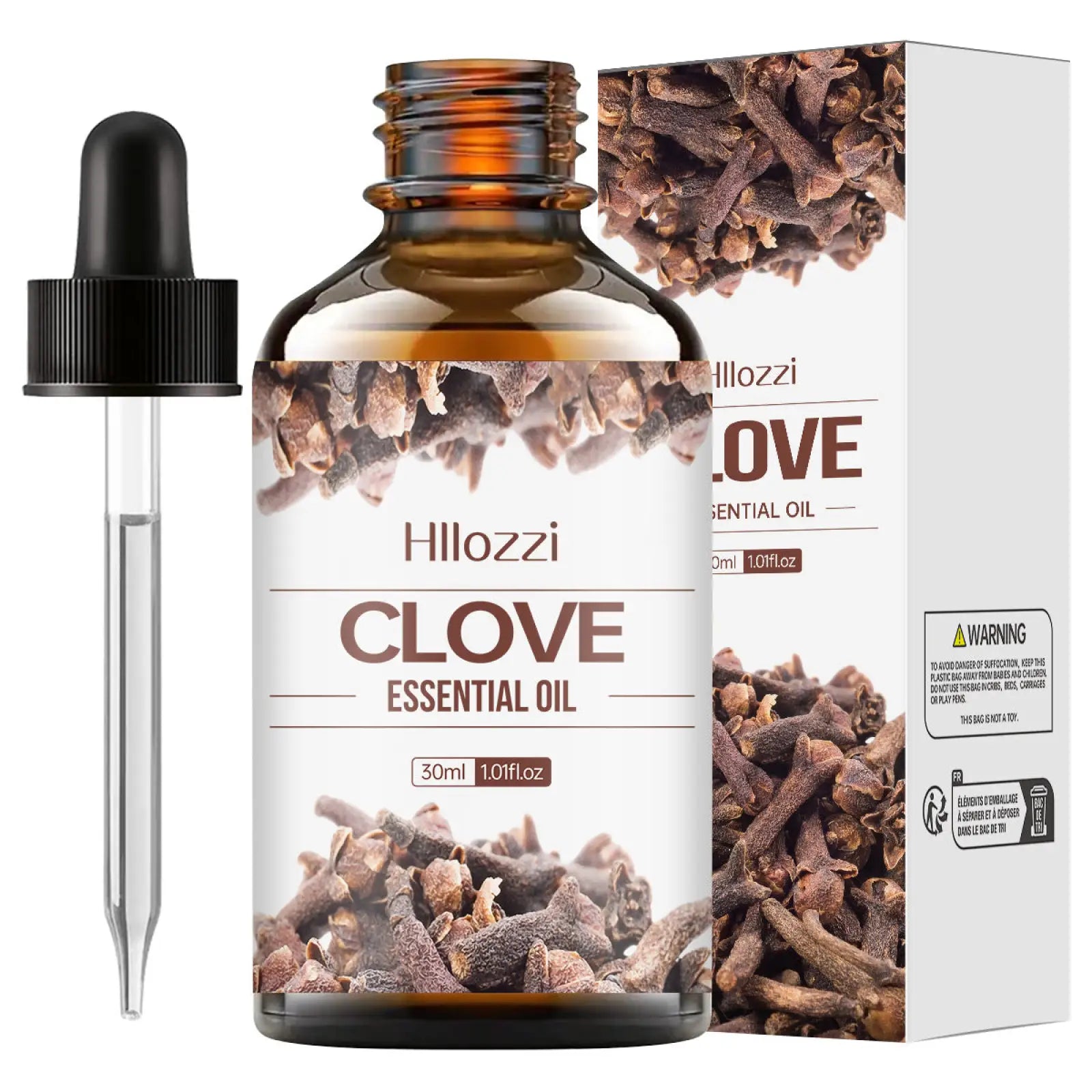 Hillozzi clove essential oil 30ml amber glass bottle with black dropper labeled organic myrrh and wintergreen oil