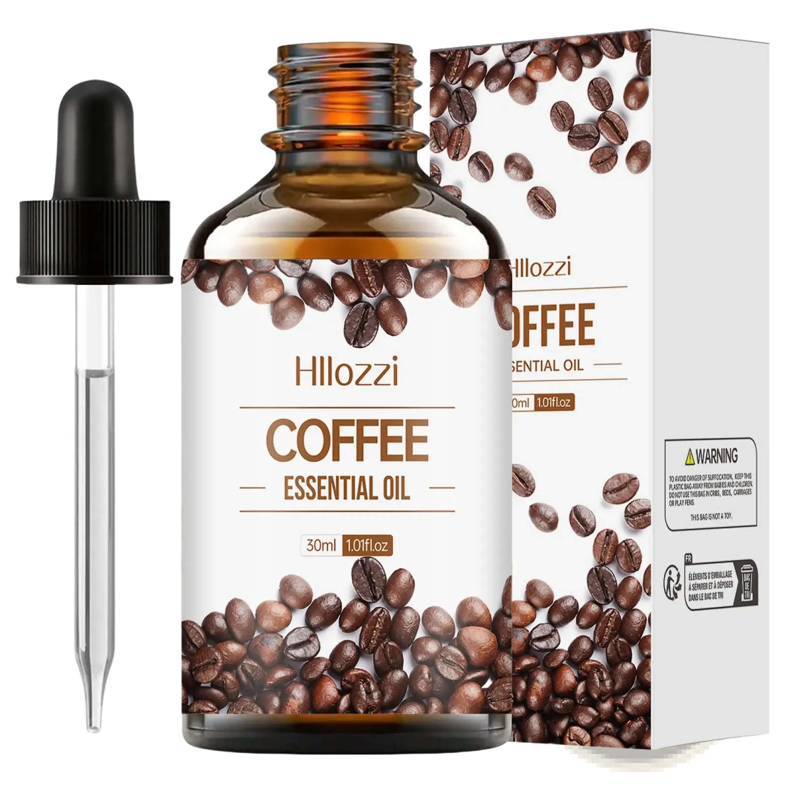 Hillozzi organic myrrh and wintergreen essential oil 30ml amber glass bottle with black dropper and white coffee bean packaging