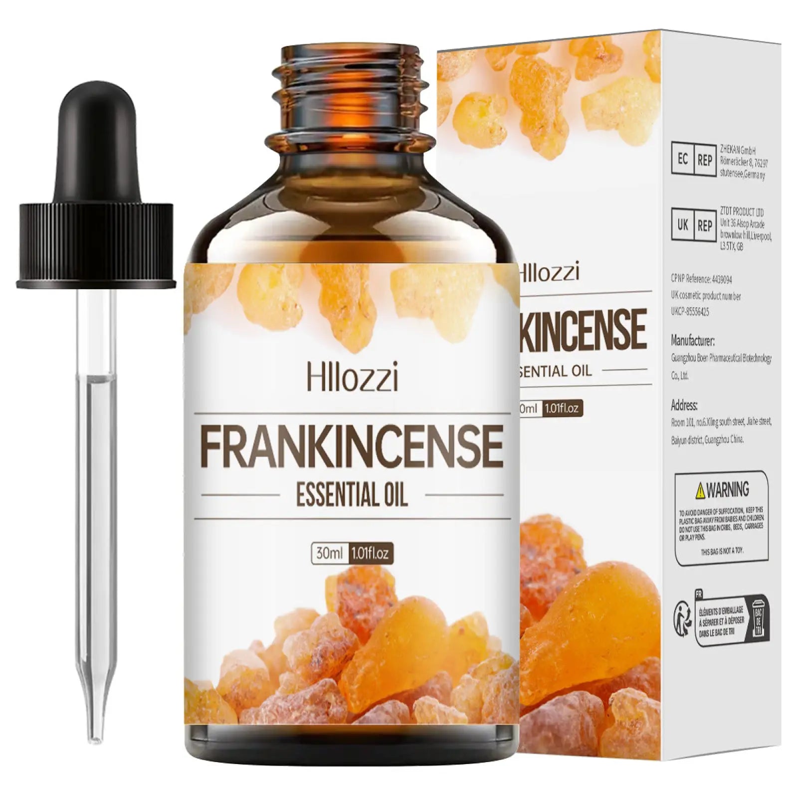 Hillozzi 30ml amber glass bottle of organic myrrh and wintergreen essential oil with black dropper and matching box