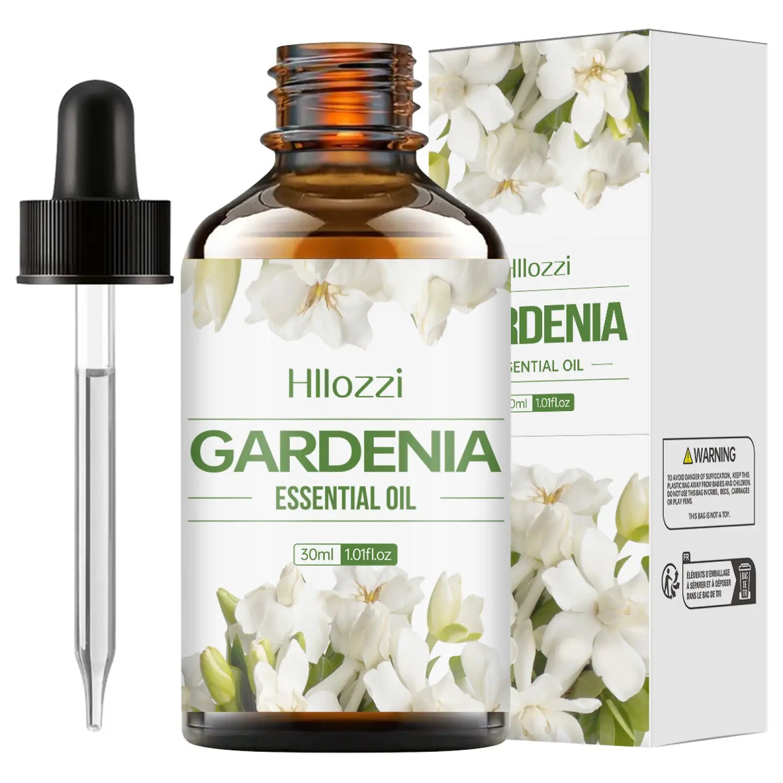 Hillozzi 30ml amber glass bottle of organic myrrh and wintergreen essential oil with black dropper and white floral label