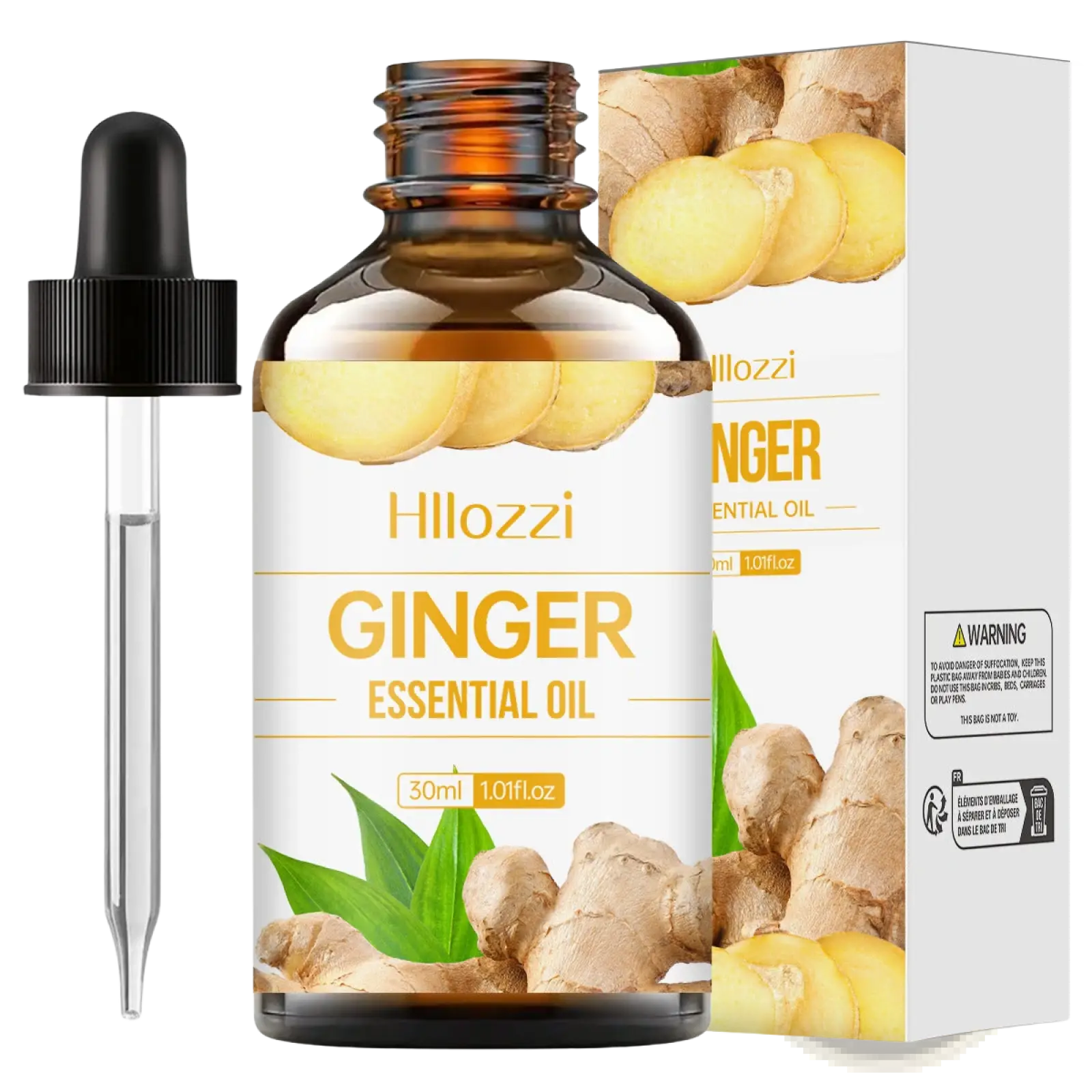 Hillozzi ginger essential oil in 30ml amber glass bottle with black dropper labeled organic myrrh and wintergreen oil