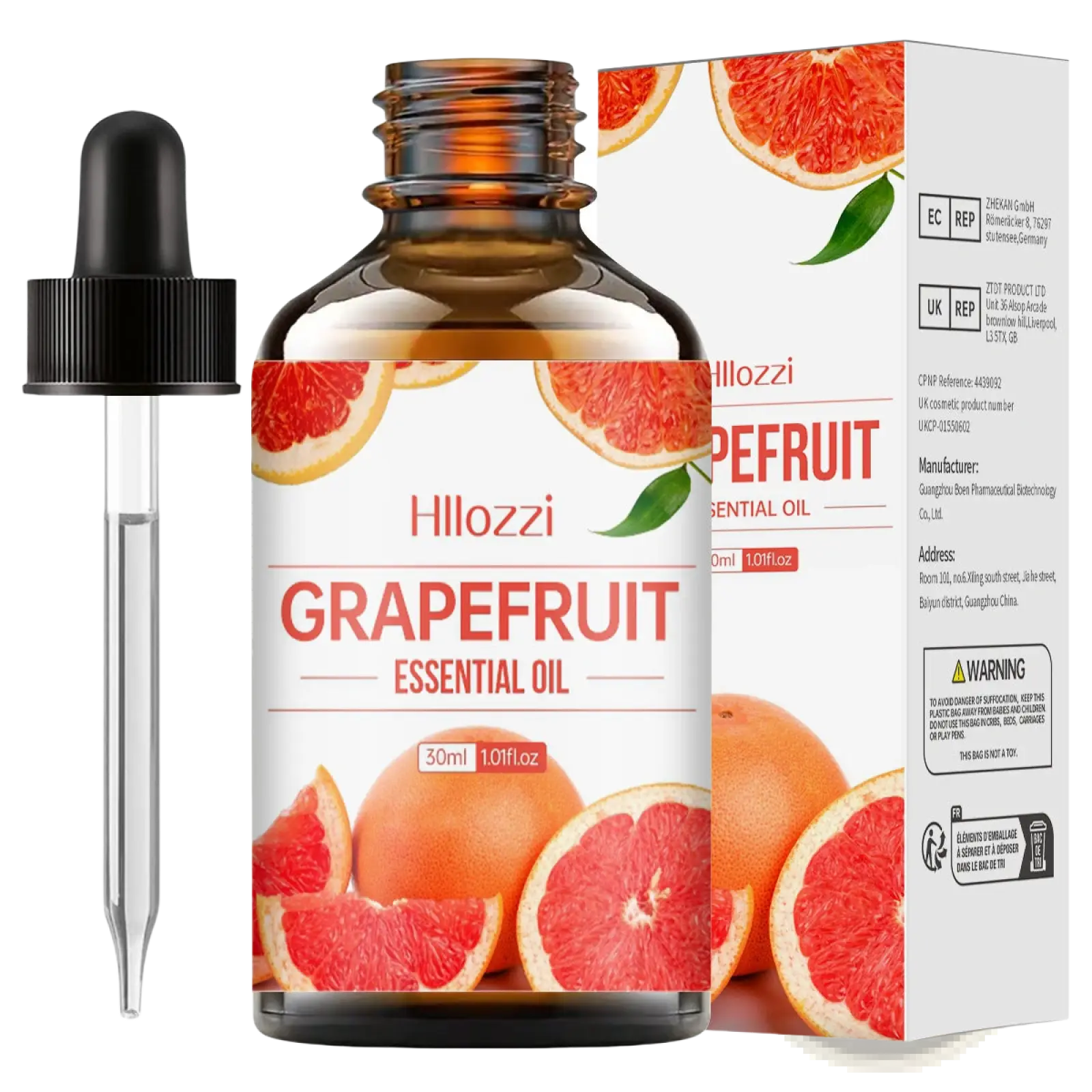 Hillozzi grapefruit essential oil 30ml amber glass bottle with black dropper shown with organic myrrh and wintergreen label