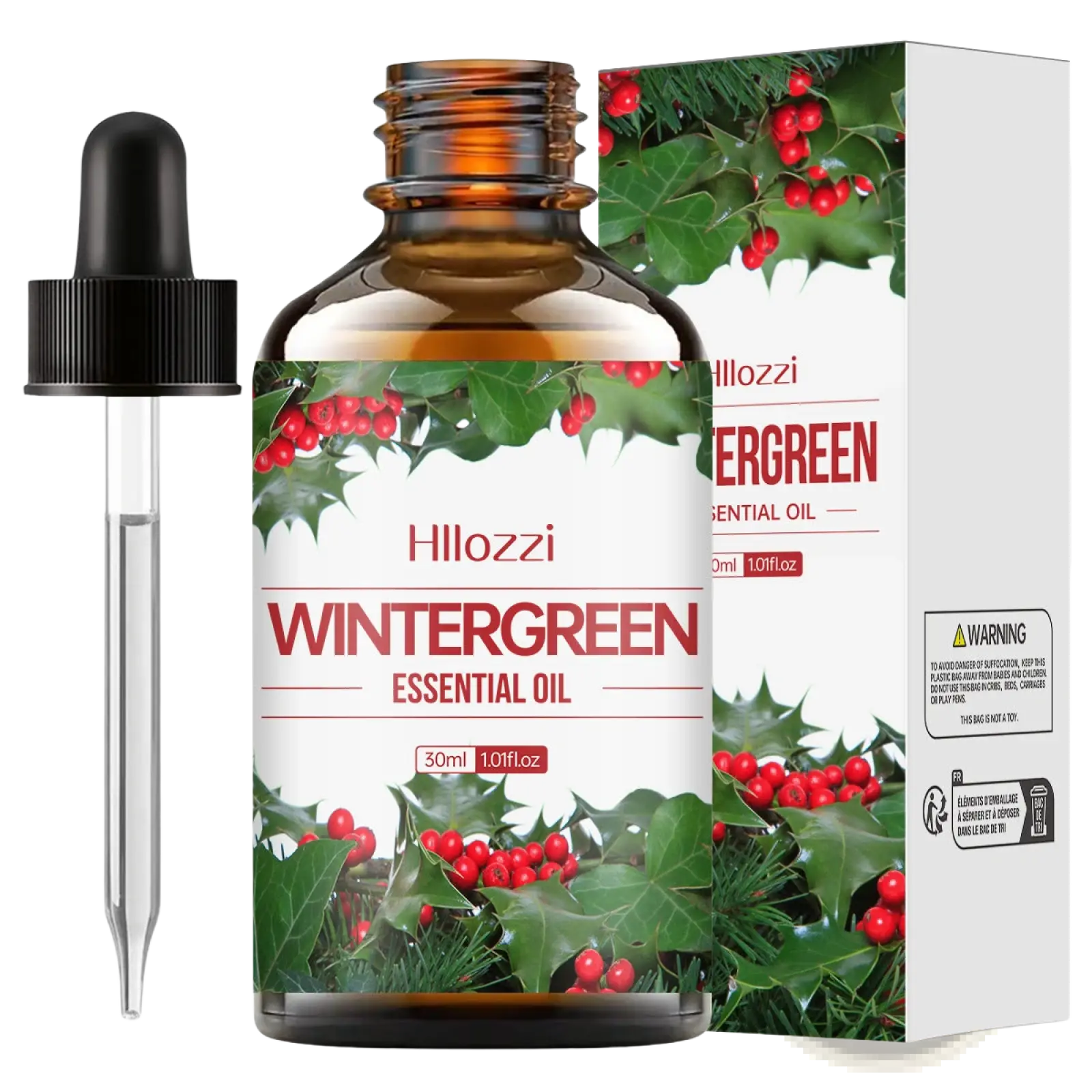 Hillozzi organic myrrh and wintergreen essential oil 30ml in an amber glass bottle with black dropper cap