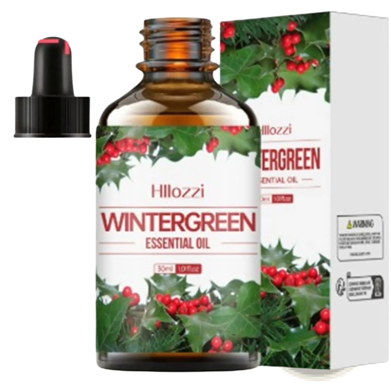 Hlozzi organic myrrh and wintergreen essential oil 30ml in an amber glass bottle with black dropper and holly label