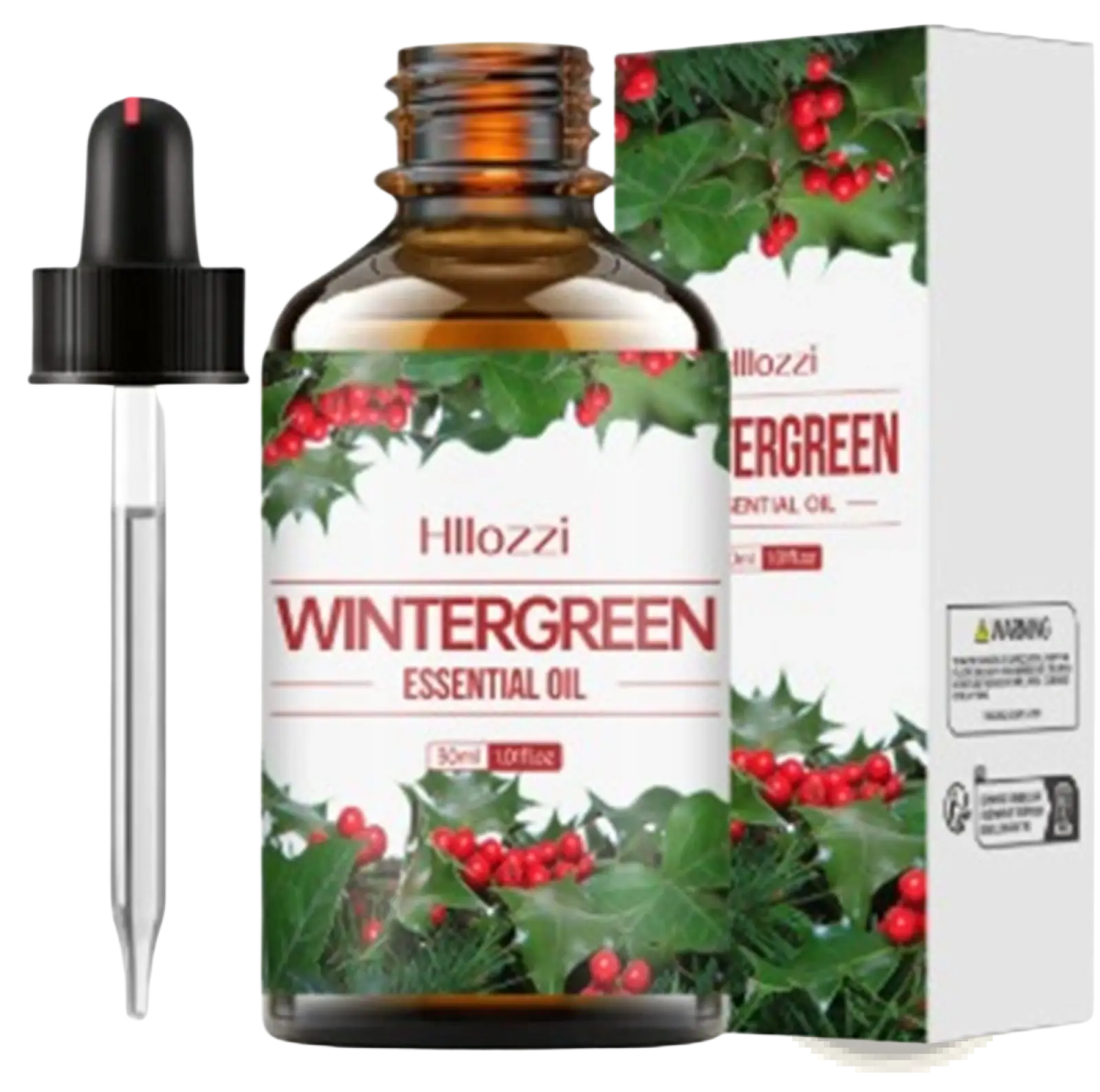 Hillozzi organic myrrh and wintergreen essential oil 30ml amber glass bottle with black dropper and holly berry label