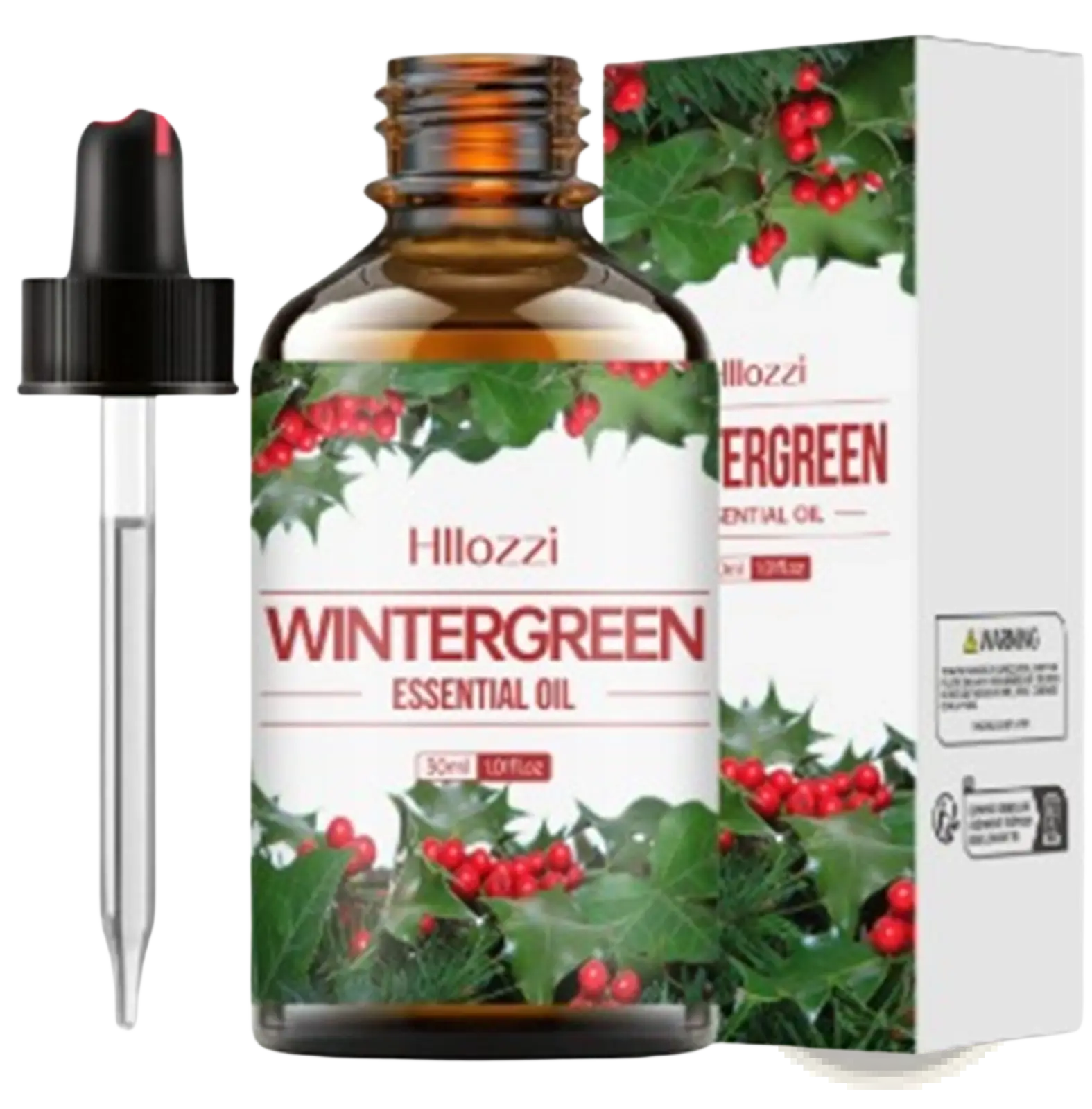 Hillozzi wintergreen essential oil 50ml amber glass bottle with black dropper and holly berry branded box packaging