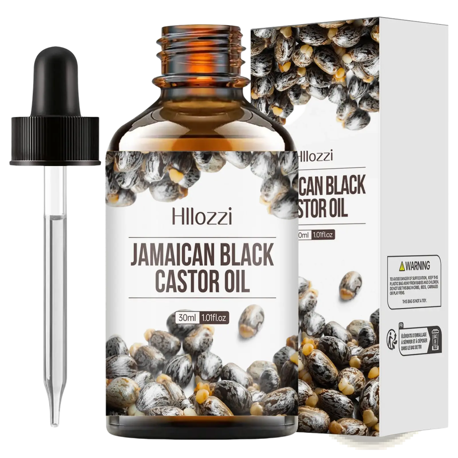 Hillozzi Jamaican black castor oil 30ml amber glass bottle with black dropper for organic myrrh and wintergreen oil