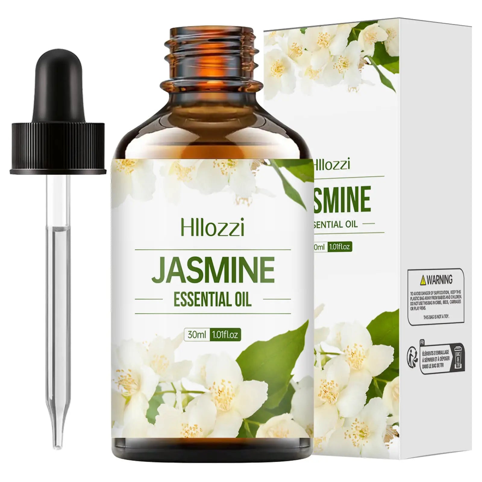 Hillozzi jasmine essential oil 30ml amber glass bottle with black dropper labeled organic myrrh and wintergreen oil