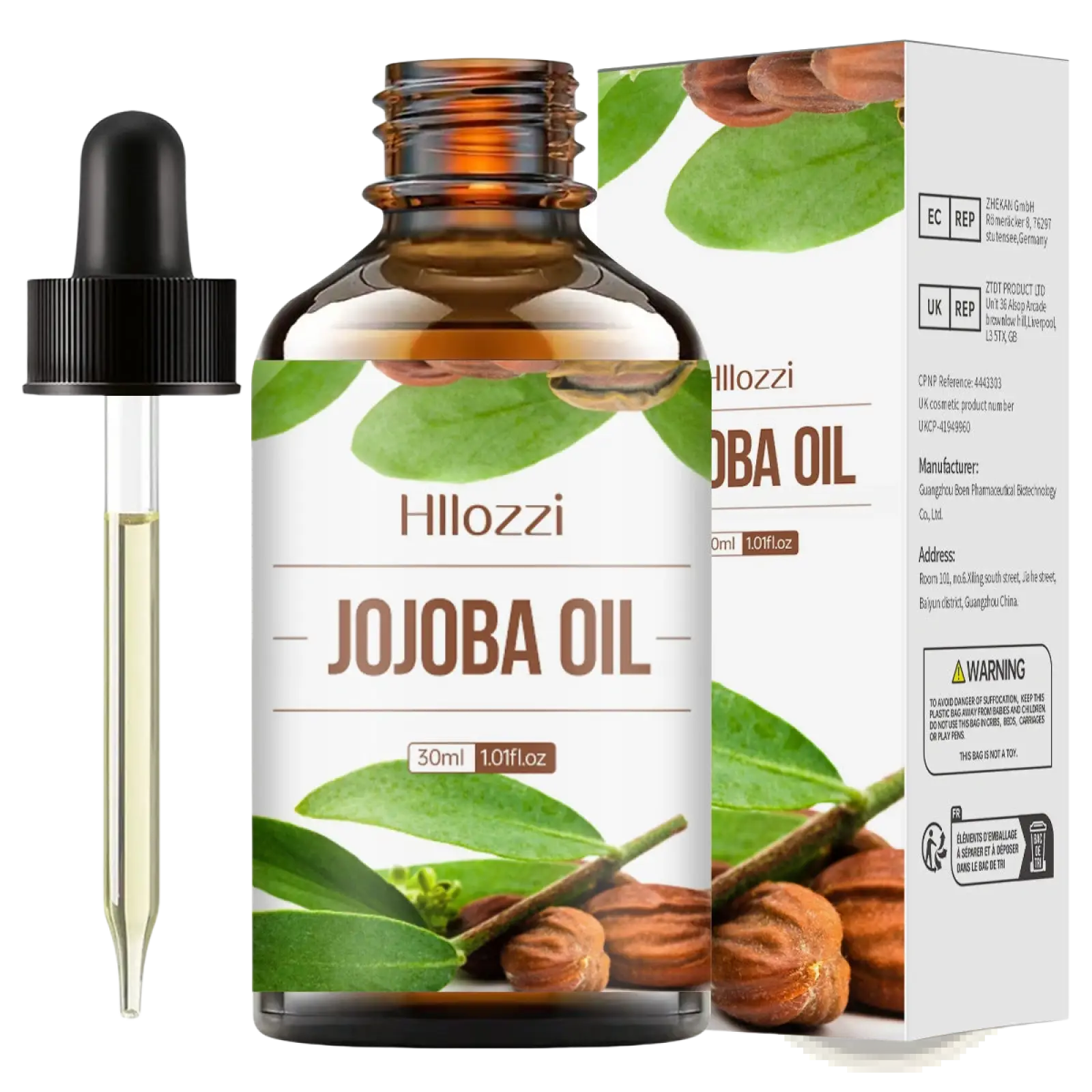 Hillozzi organic Myrrh and Wintergreen essential oil 30ml amber glass bottle with black dropper and green leaf box