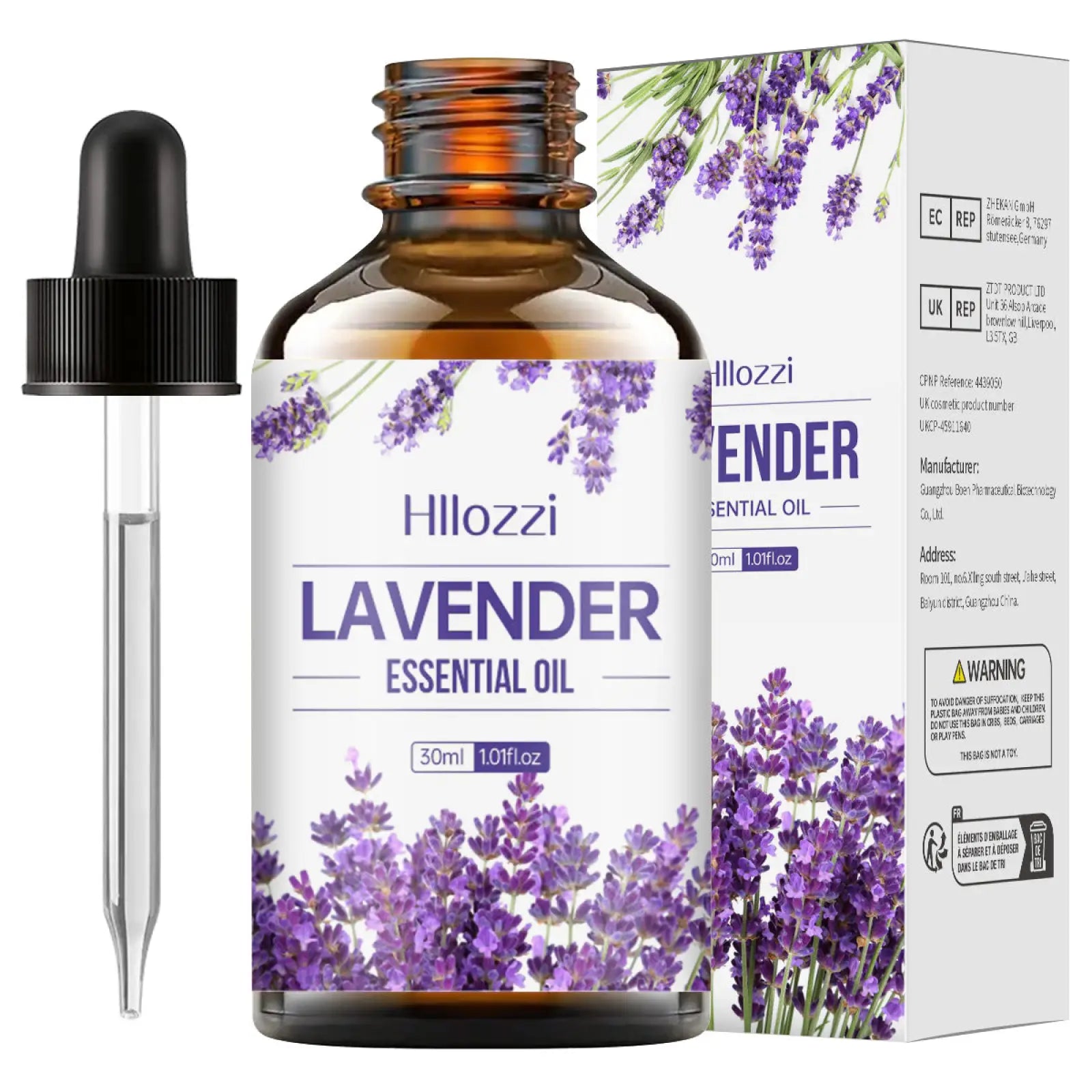 Hloozzi lavender essential oil 30ml amber glass bottle with black dropper labeled organic myrrh and wintergreen oil