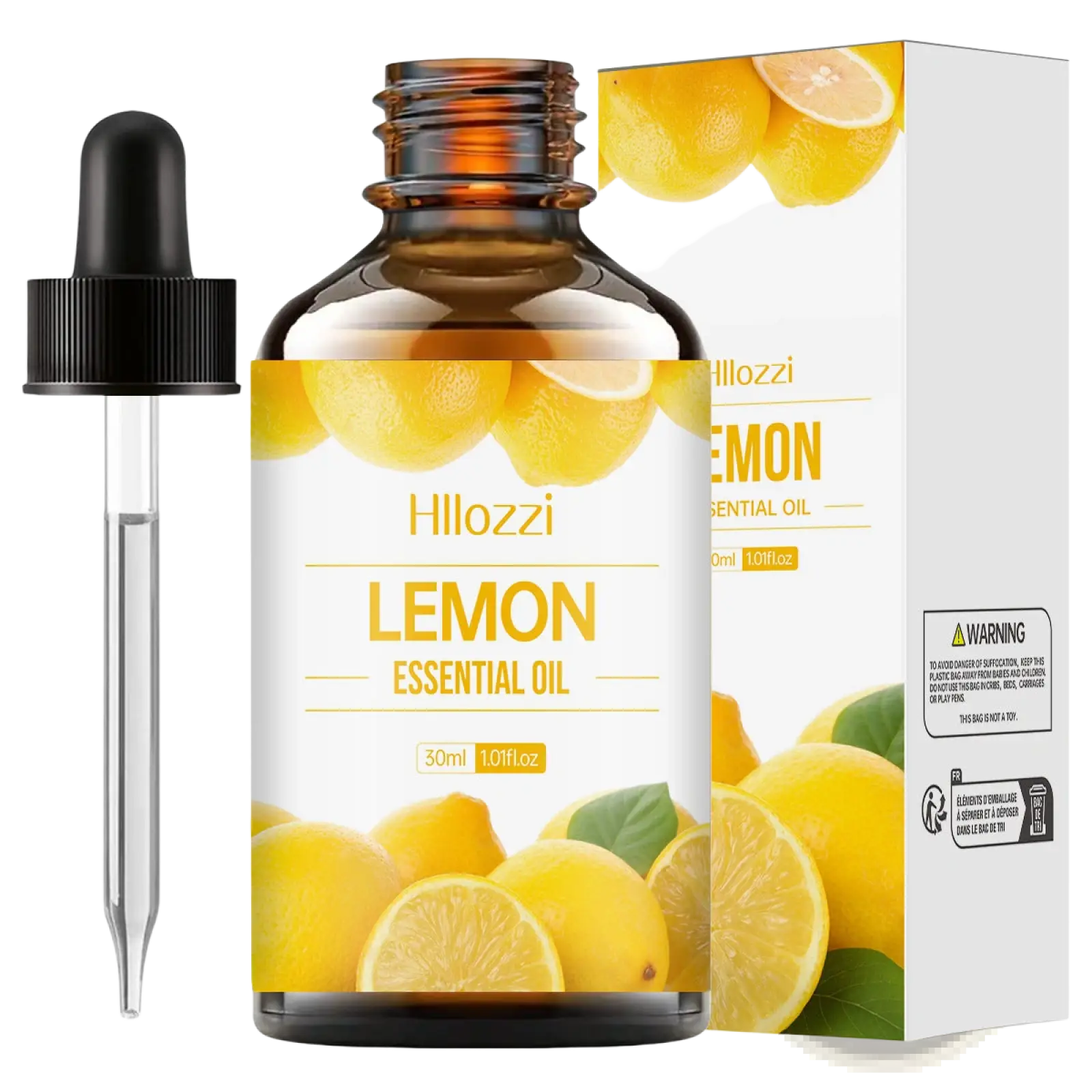 Hillozzi 50ml amber glass bottle of lemon essential oil with black dropper and matching packaging for organic myrrh and wintergreen oil