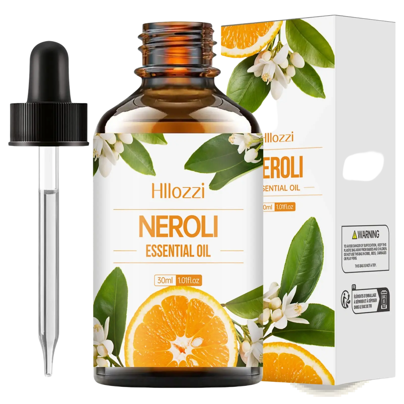 Hillozzi organic myrrh and wintergreen essential oil 30ml amber glass bottle with black dropper and citrus leaf packaging