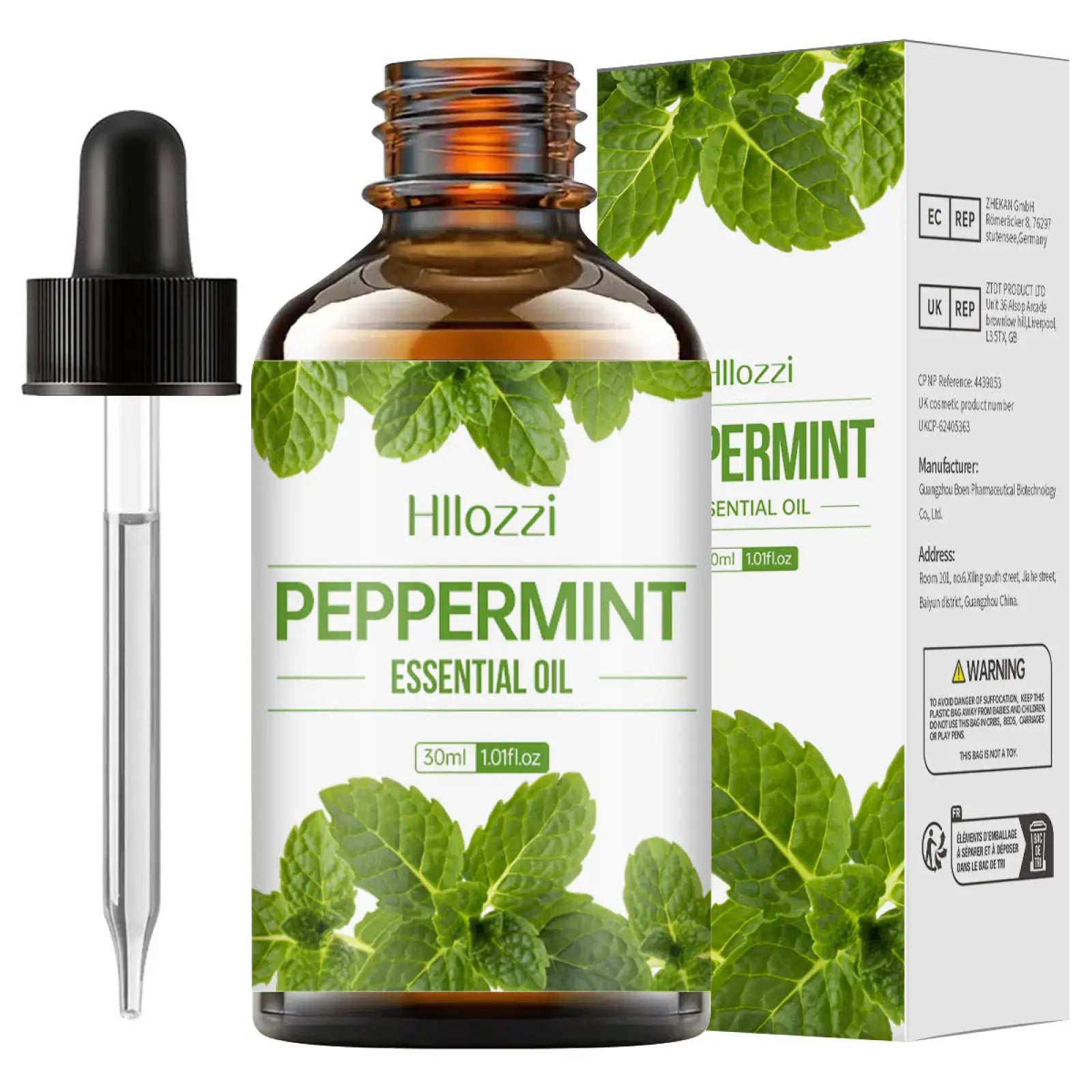 Hillozzi peppermint essential oil 30ml amber glass bottle with black dropper for organic myrrh and wintergreen use