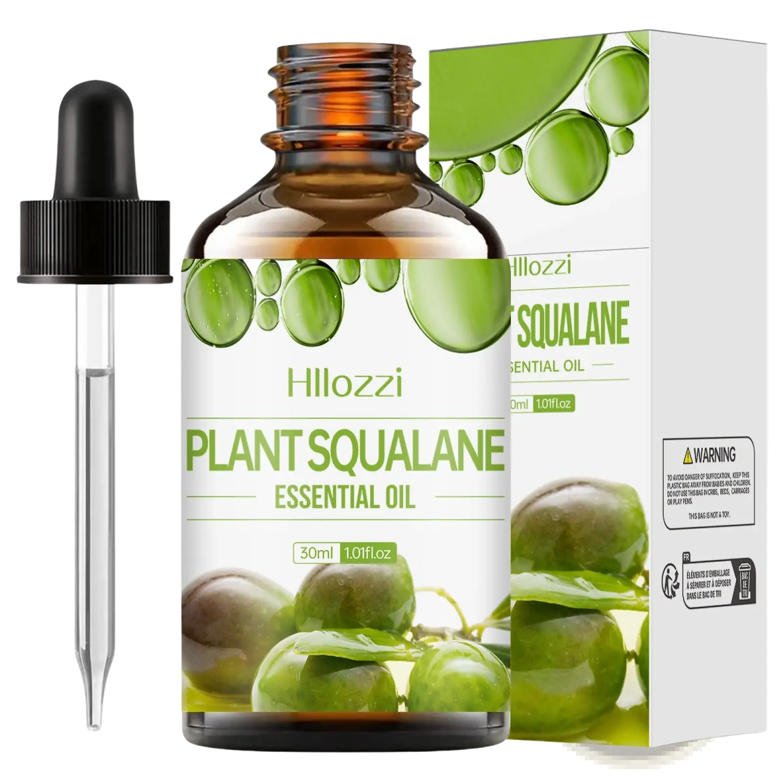 Hillozzi plant squalane essential oil 30ml amber glass bottle with black dropper labeled organic myrrh and wintergreen oil