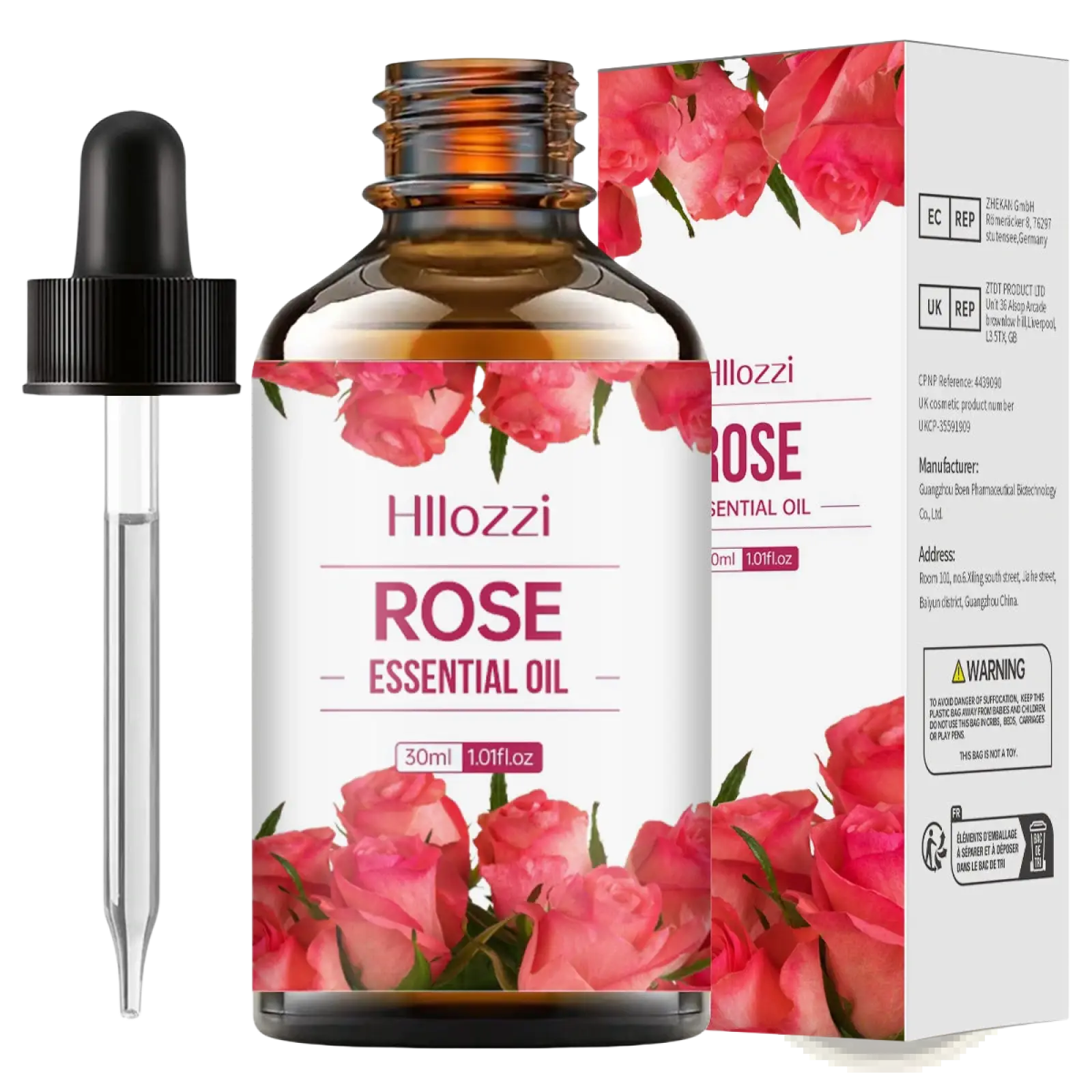 Hillozzi organic myrrh and wintergreen essential oil 30ml amber glass bottle with black dropper and pink rose box