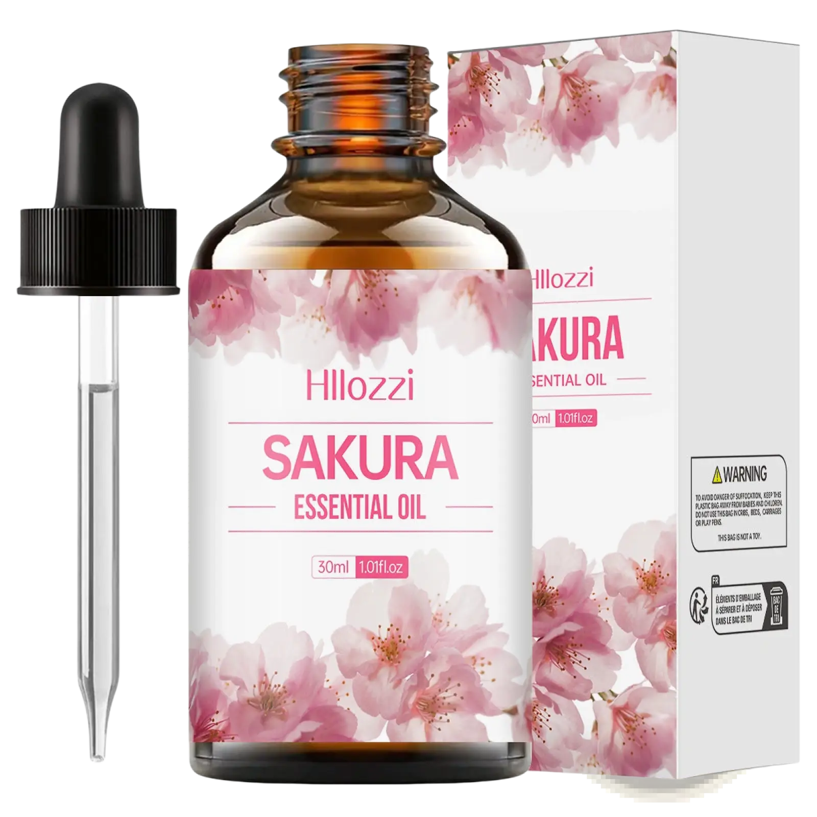 Hillozzi organic myrrh and wintergreen essential oil in a 30ml amber glass bottle with black dropper and pink floral label