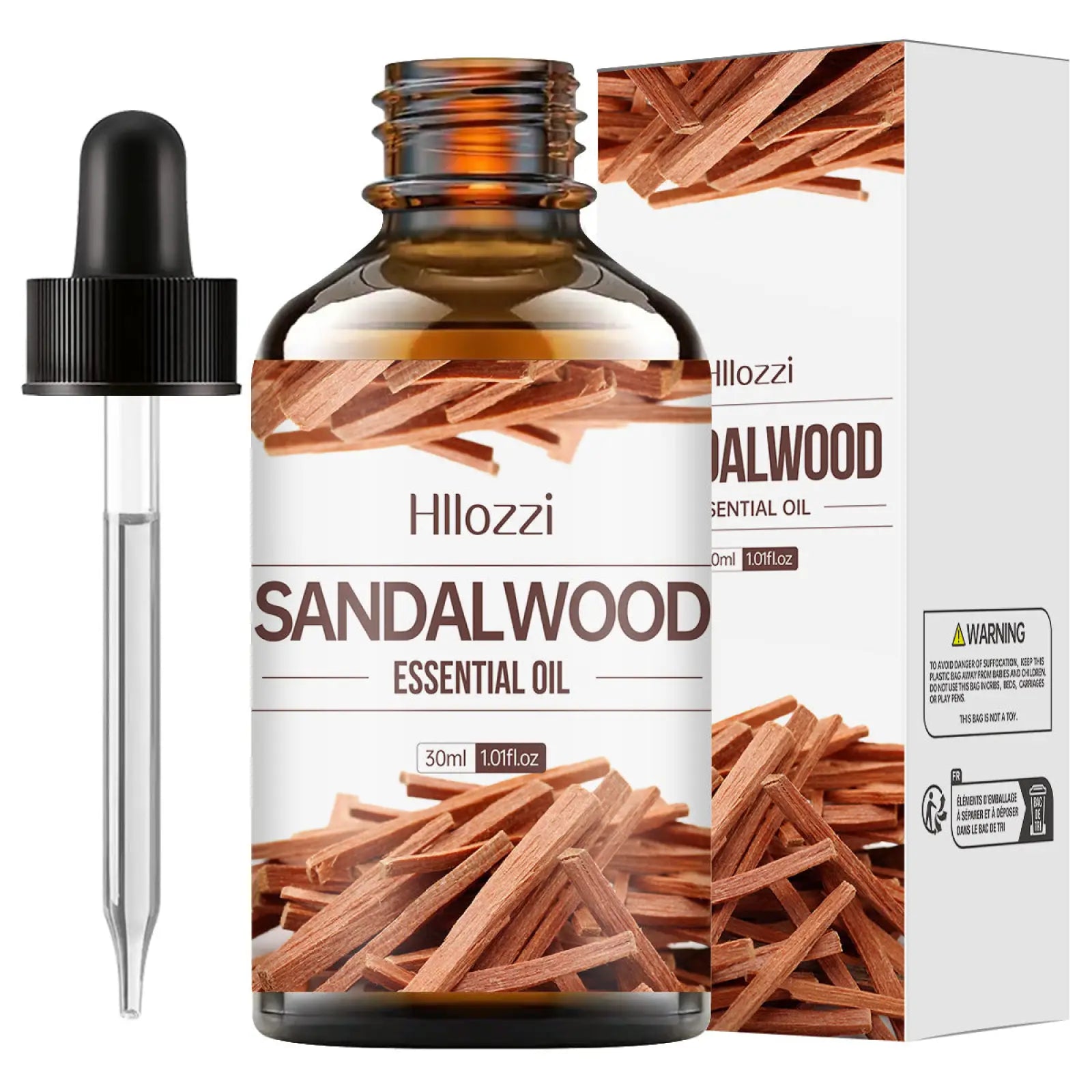 Hillozzi sandalwood essential oil 30ml amber glass bottle with black dropper labeled organic myrrh and wintergreen blend