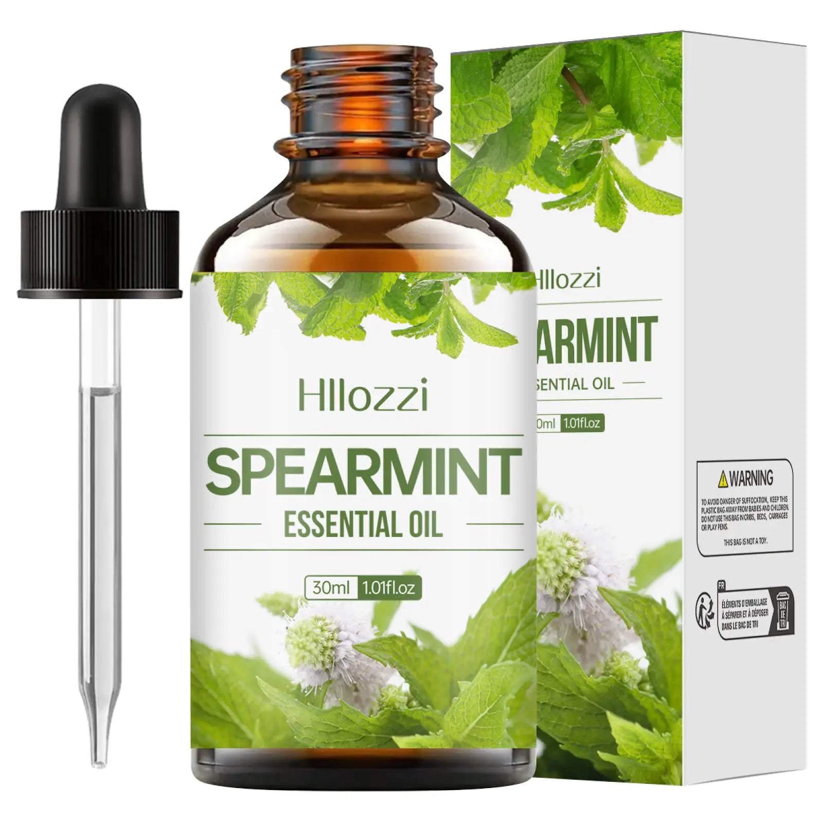 Hillozzi organic myrrh and wintergreen essential oil 30ml amber glass bottle with black dropper and green mint leaf box