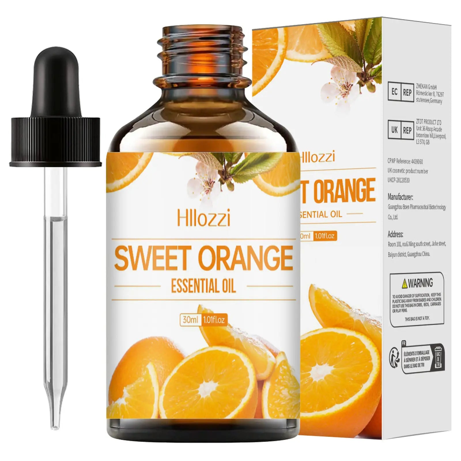 Hillozzi sweet orange essential oil in a 30ml amber glass bottle with black dropper for organic myrrh and wintergreen use
