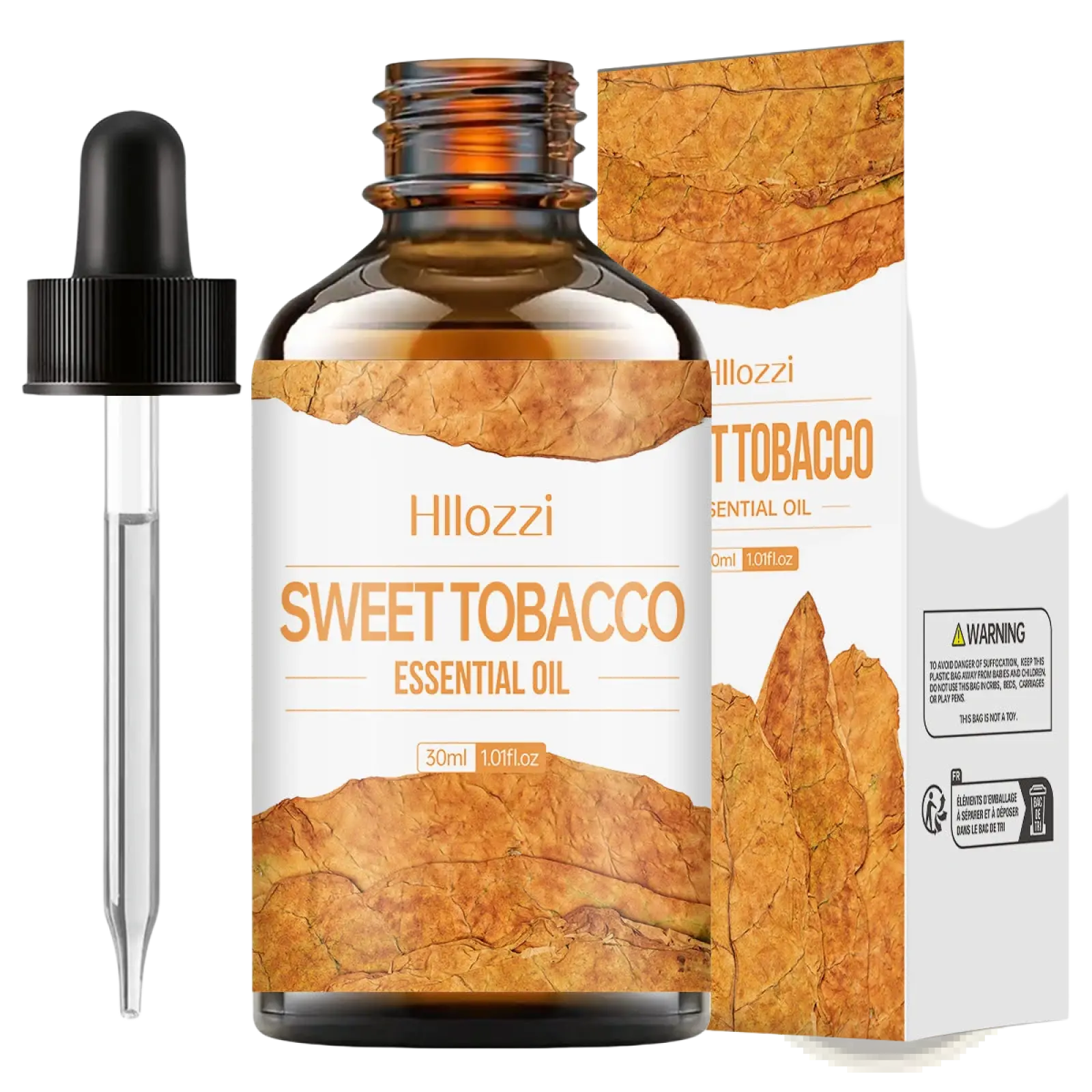Hillozzi sweet tobacco essential oil 30ml amber glass bottle with black dropper labeled organic myrrh and wintergreen