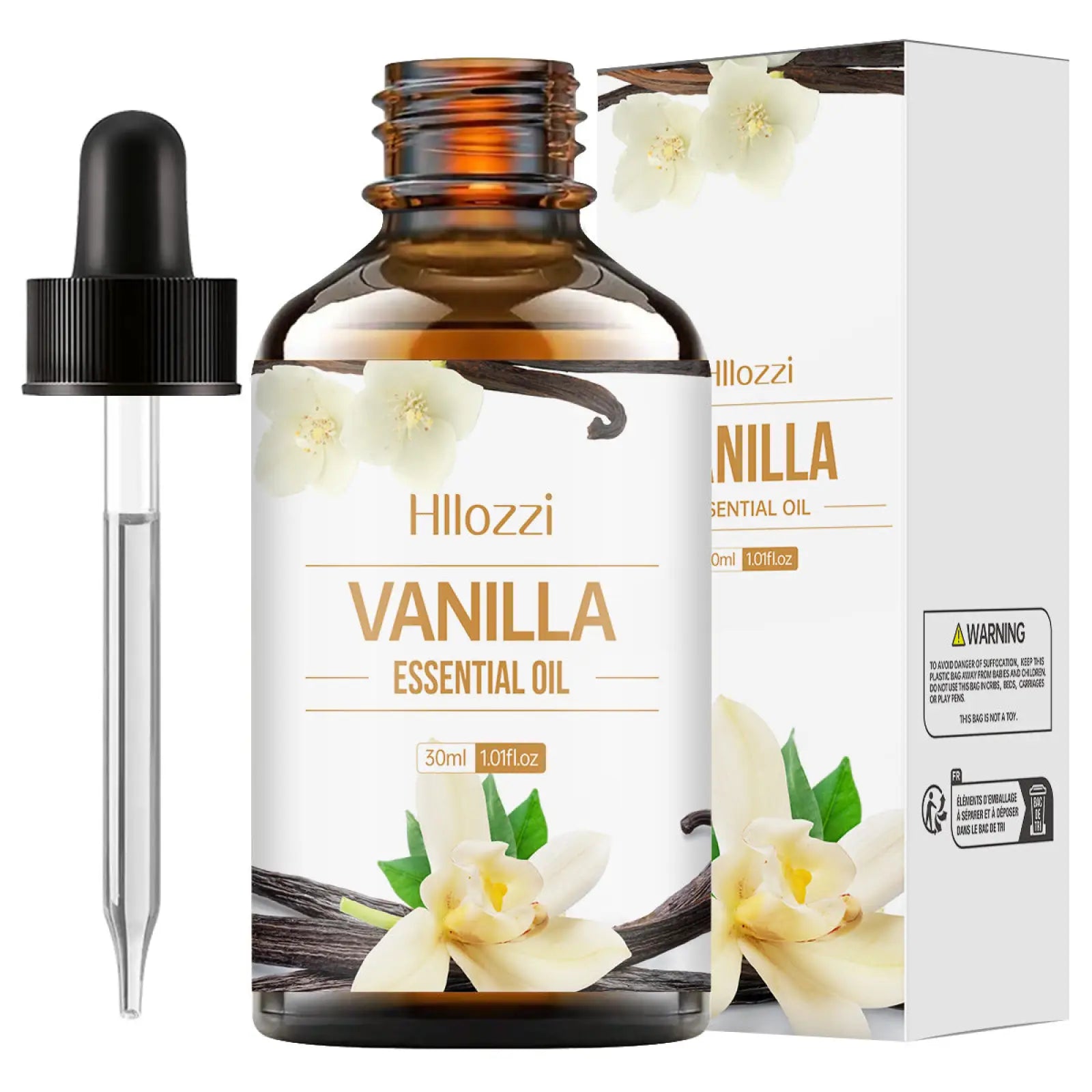 Hillozzi vanilla essential oil in 30ml amber glass bottle with black dropper in organic myrrh and wintergreen set