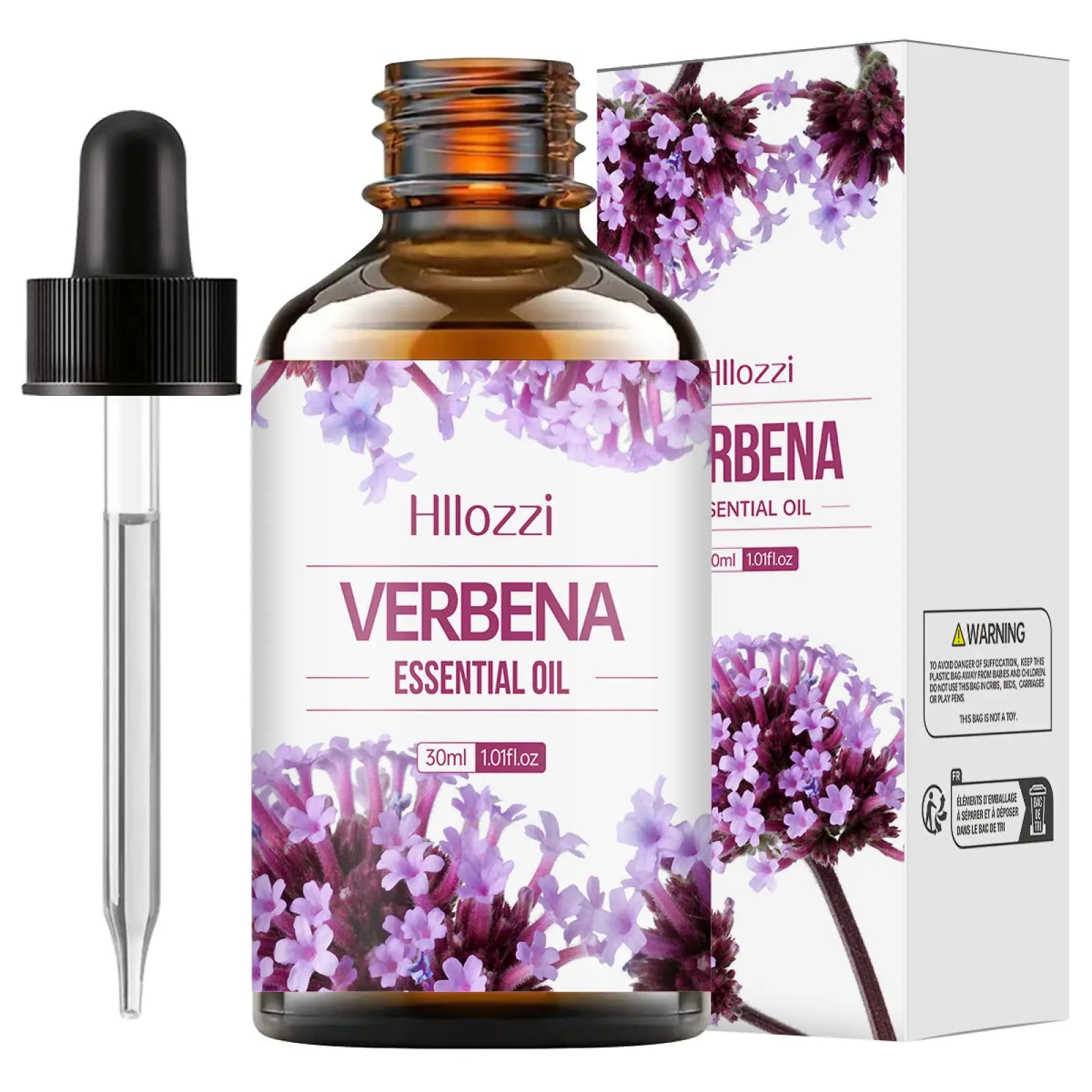 Hillozzi 30ml amber glass bottle of organic myrrh and wintergreen essential oil with black dropper and purple flower label
