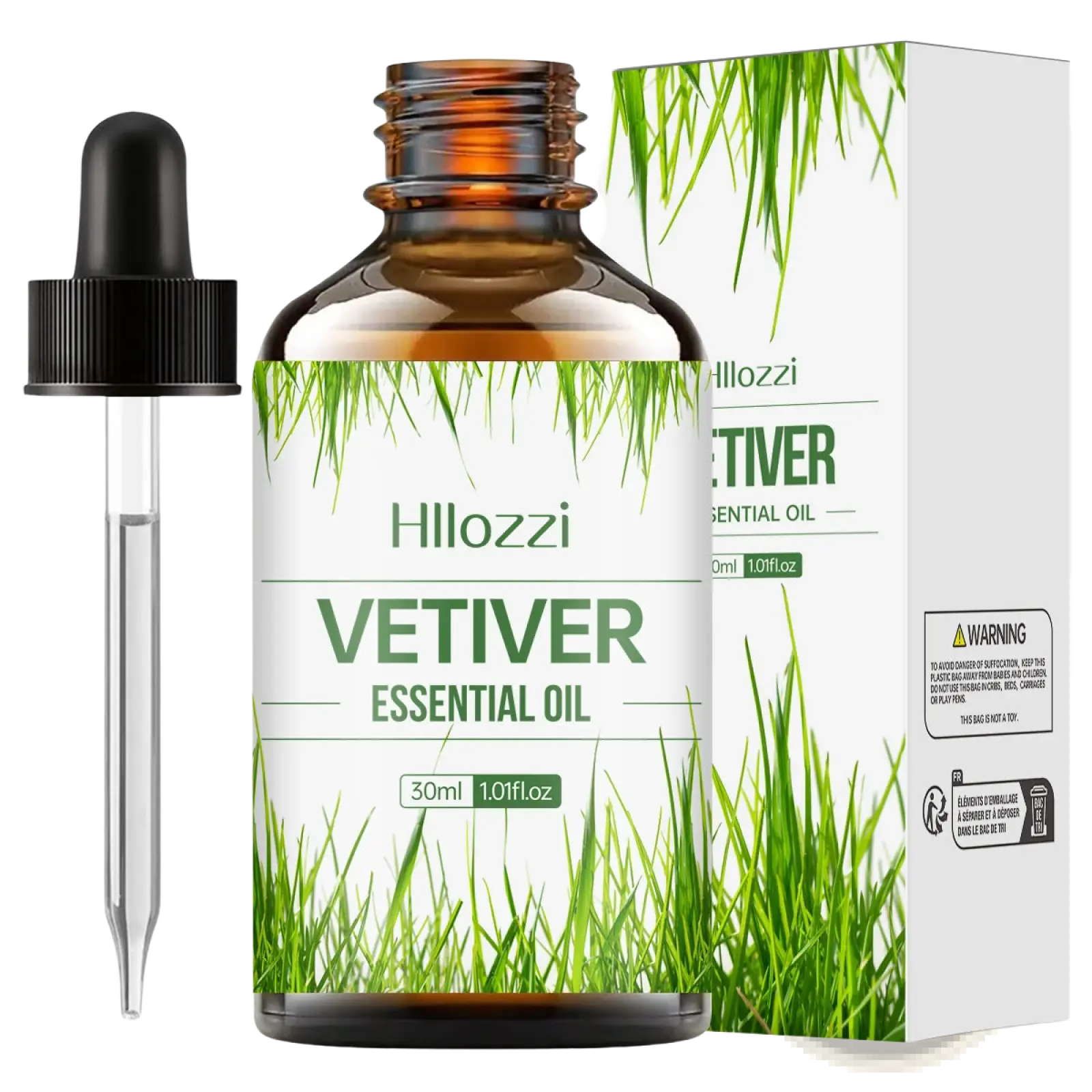 Hillozzi vetiver essential oil in a 30ml amber glass bottle with black dropper labeled organic myrrh and wintergreen oil